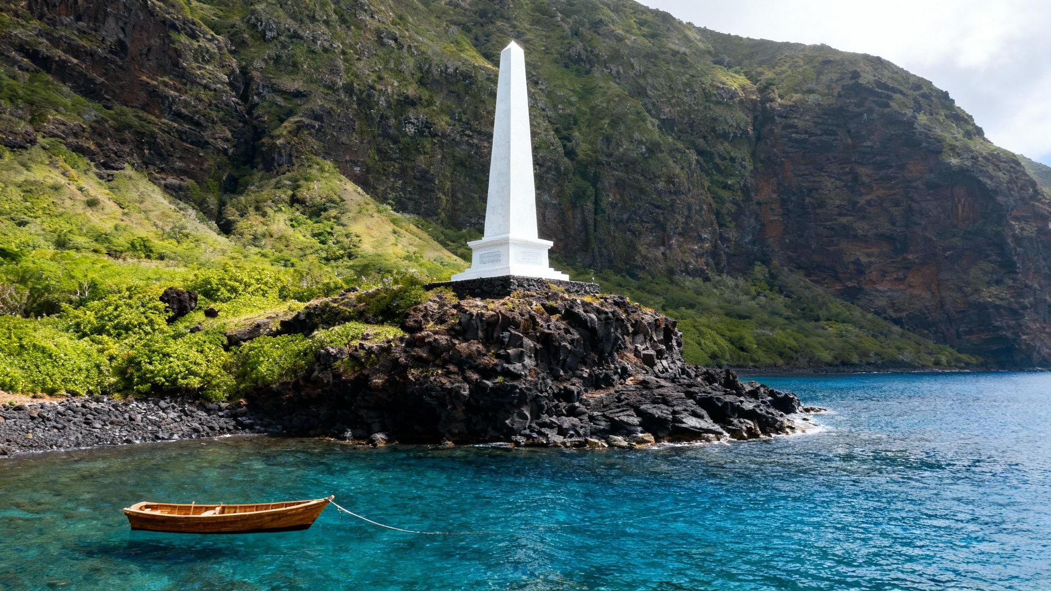 White obelisk monument on rocky outcrop, wooden boat in clear blue water, green cliffs backdrop.