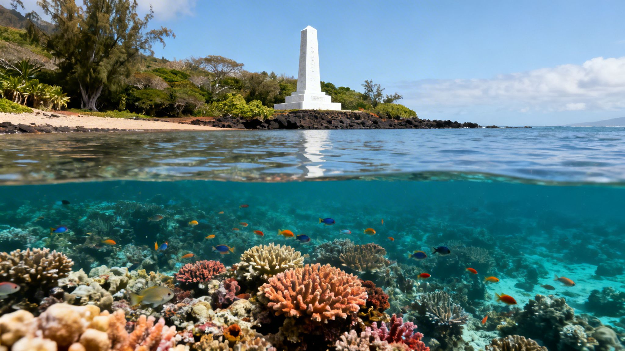 Split-level view of a vibrant coral reef with colorful fish and a white monument on a tropical bay.