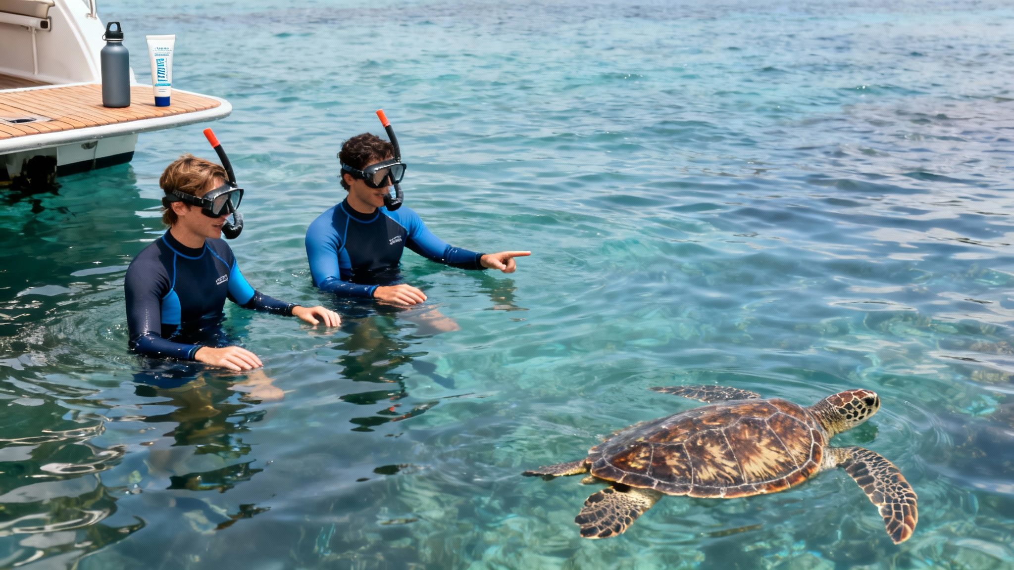 Two men snorkeling in tropical waters, observing a sea turtle near a boat.