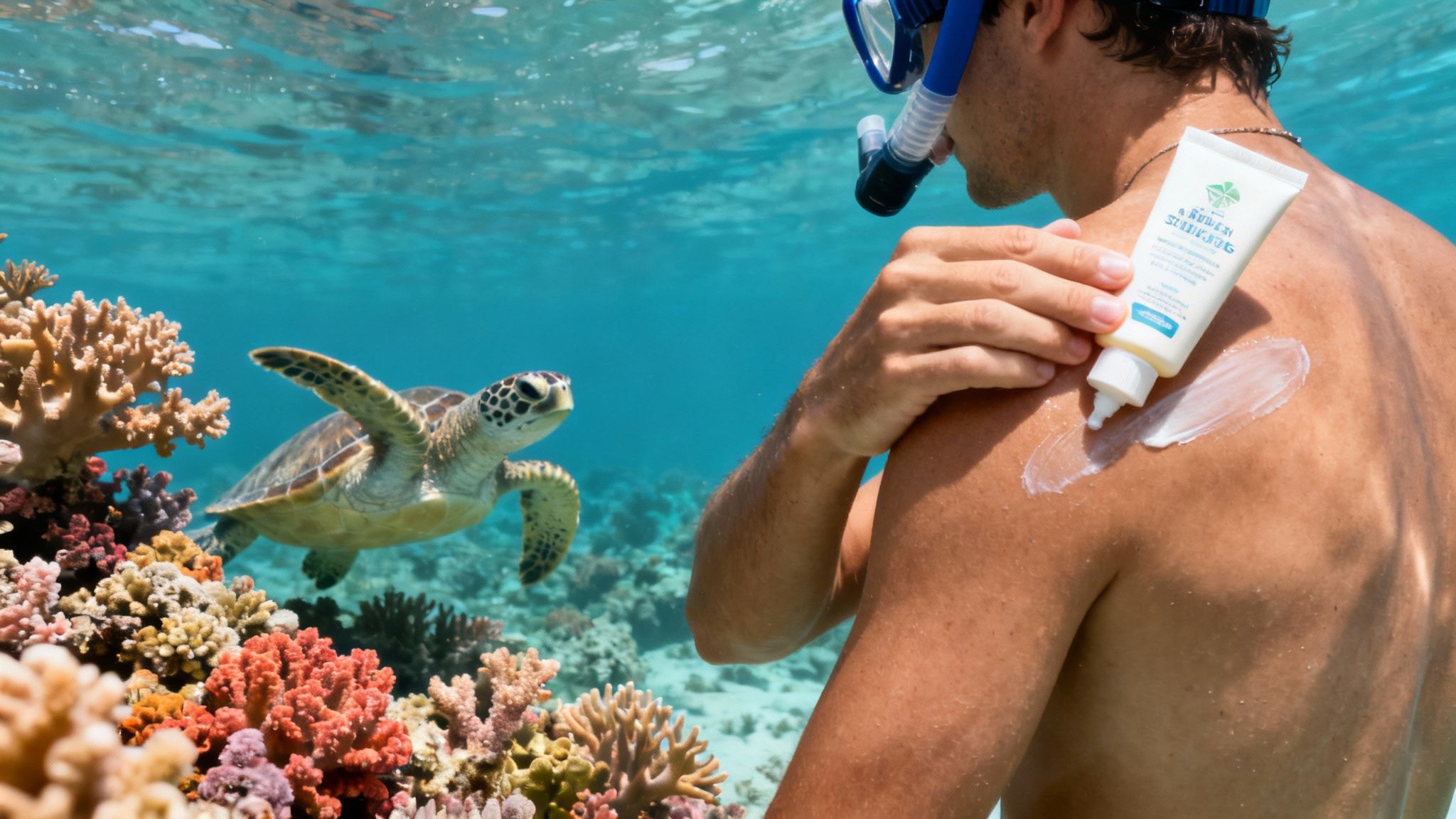 A snorkeler applies reef-safe sunscreen to his shoulder underwater near a sea turtle and colorful coral.