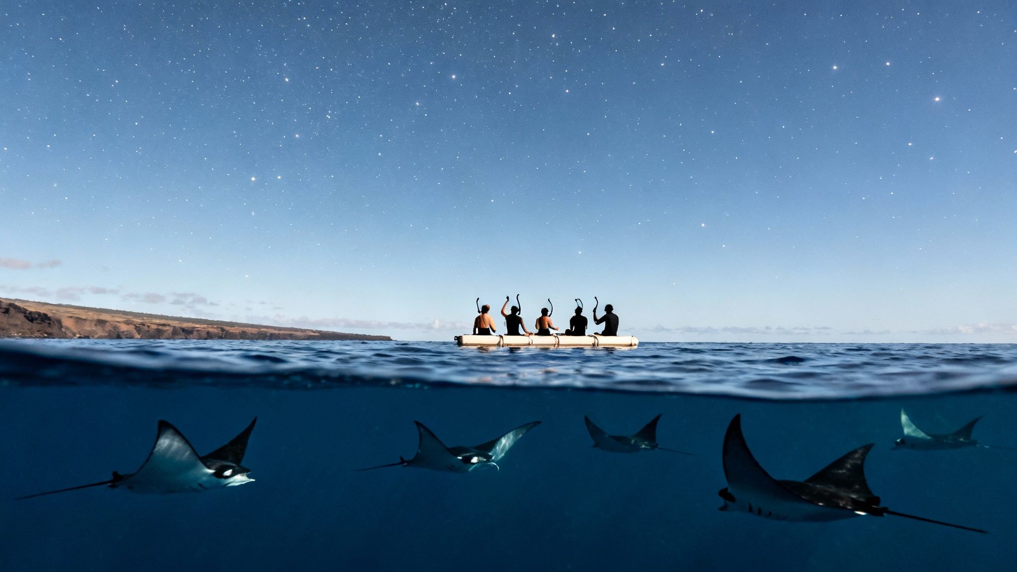 People on a raft under a starry sky, with manta rays swimming below them.