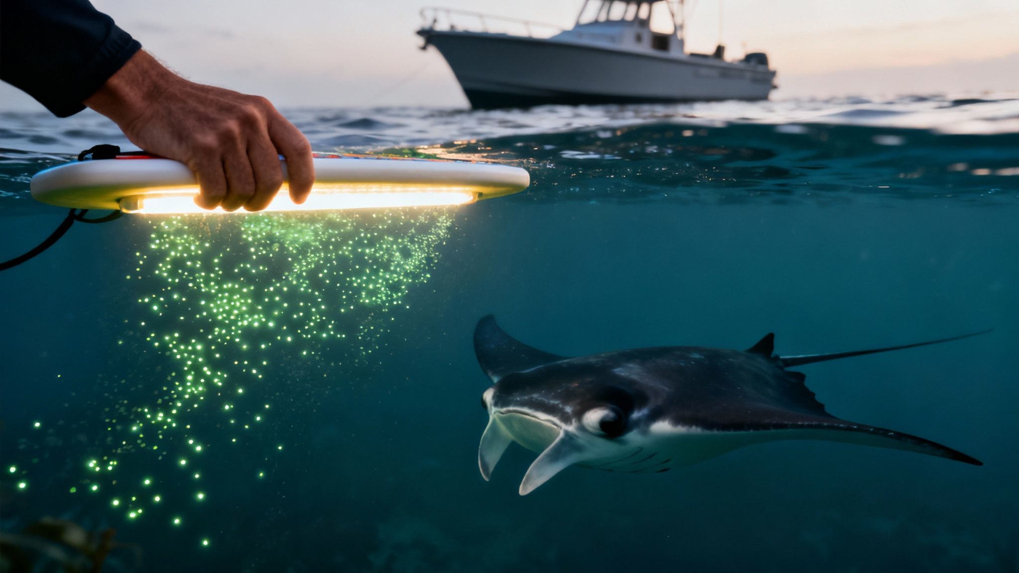 An underwater shot of a hand holding a glowing light, attracting a manta ray at night, with a boat above.