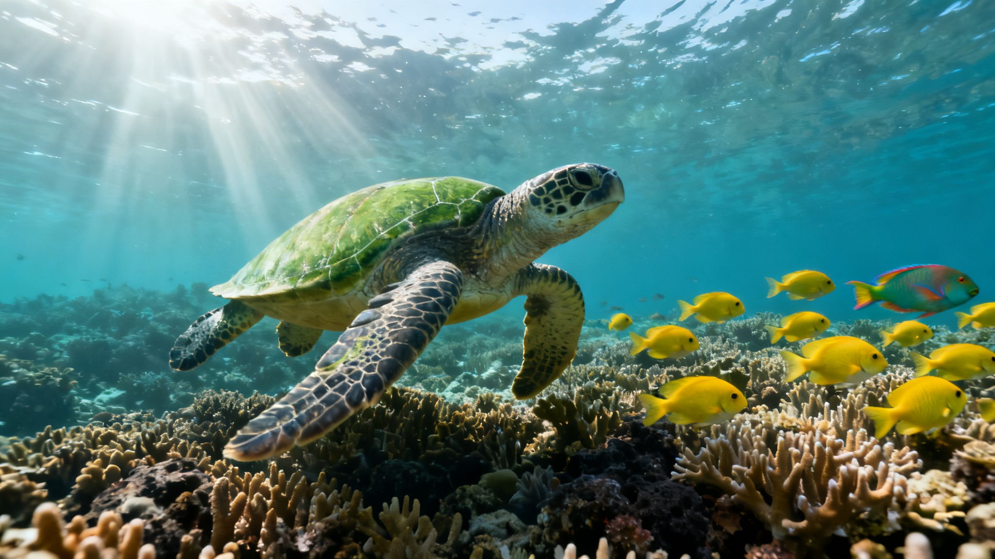 A majestic green sea turtle swims over a vibrant coral reef, accompanied by a school of colorful fish under sunlit water.