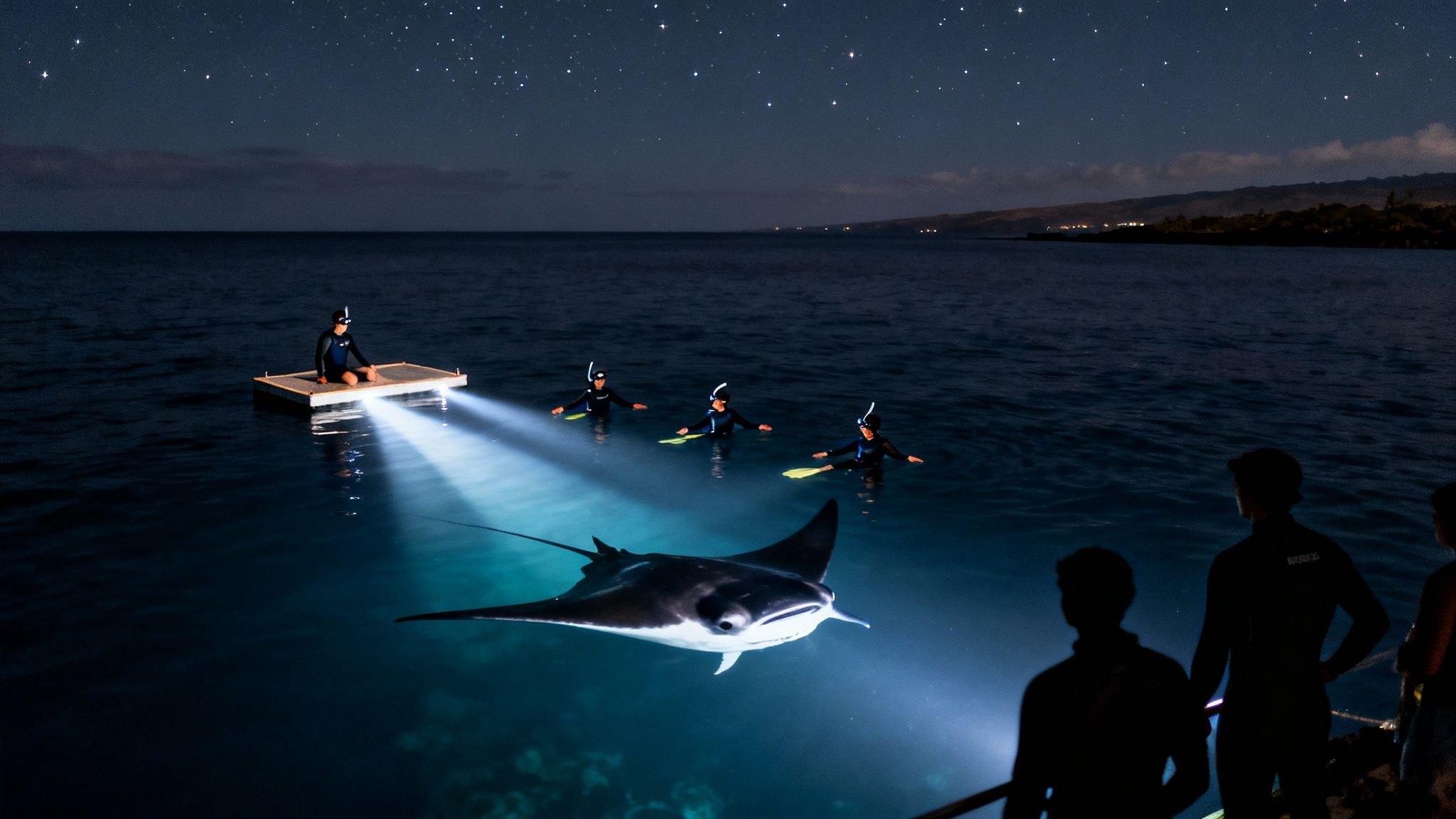 People night snorkeling with a giant manta ray under a starry sky in clear ocean waters.