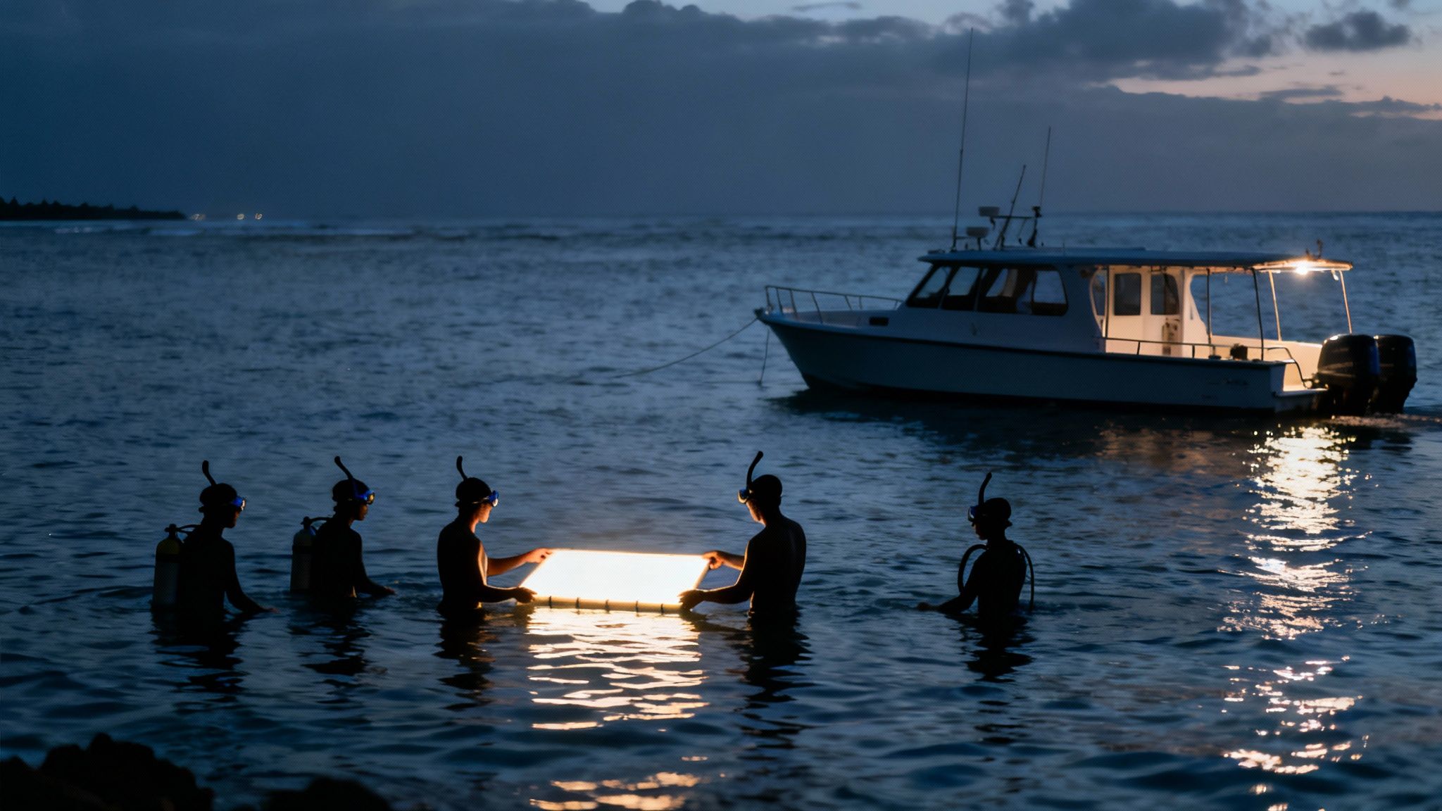 A group of snorkelers holding onto a floating light board at night, with a giant manta ray swimming just below them in the illuminated water.