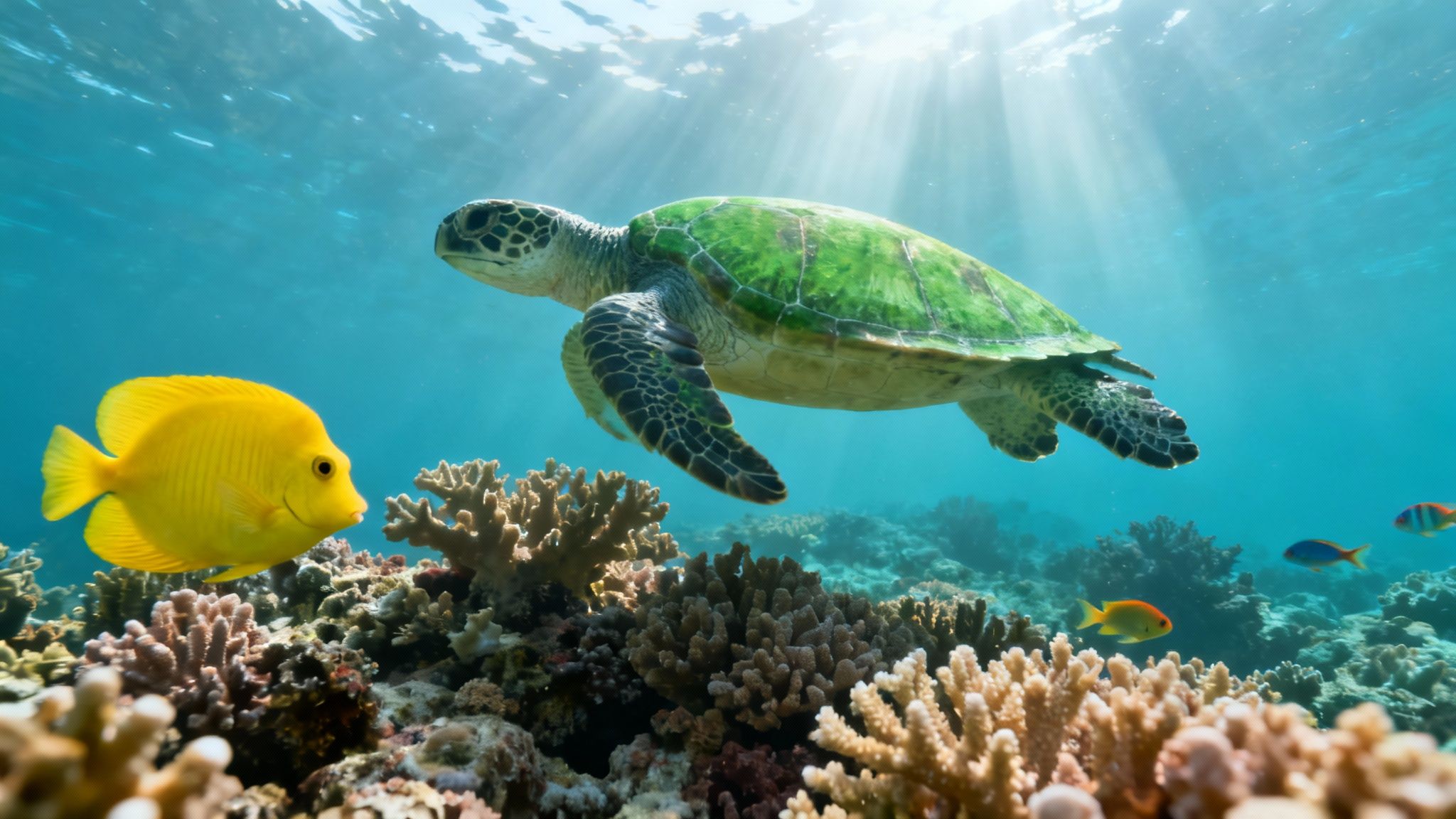 A majestic green sea turtle swims gracefully above a vibrant coral reef, with a yellow fish and sun rays.