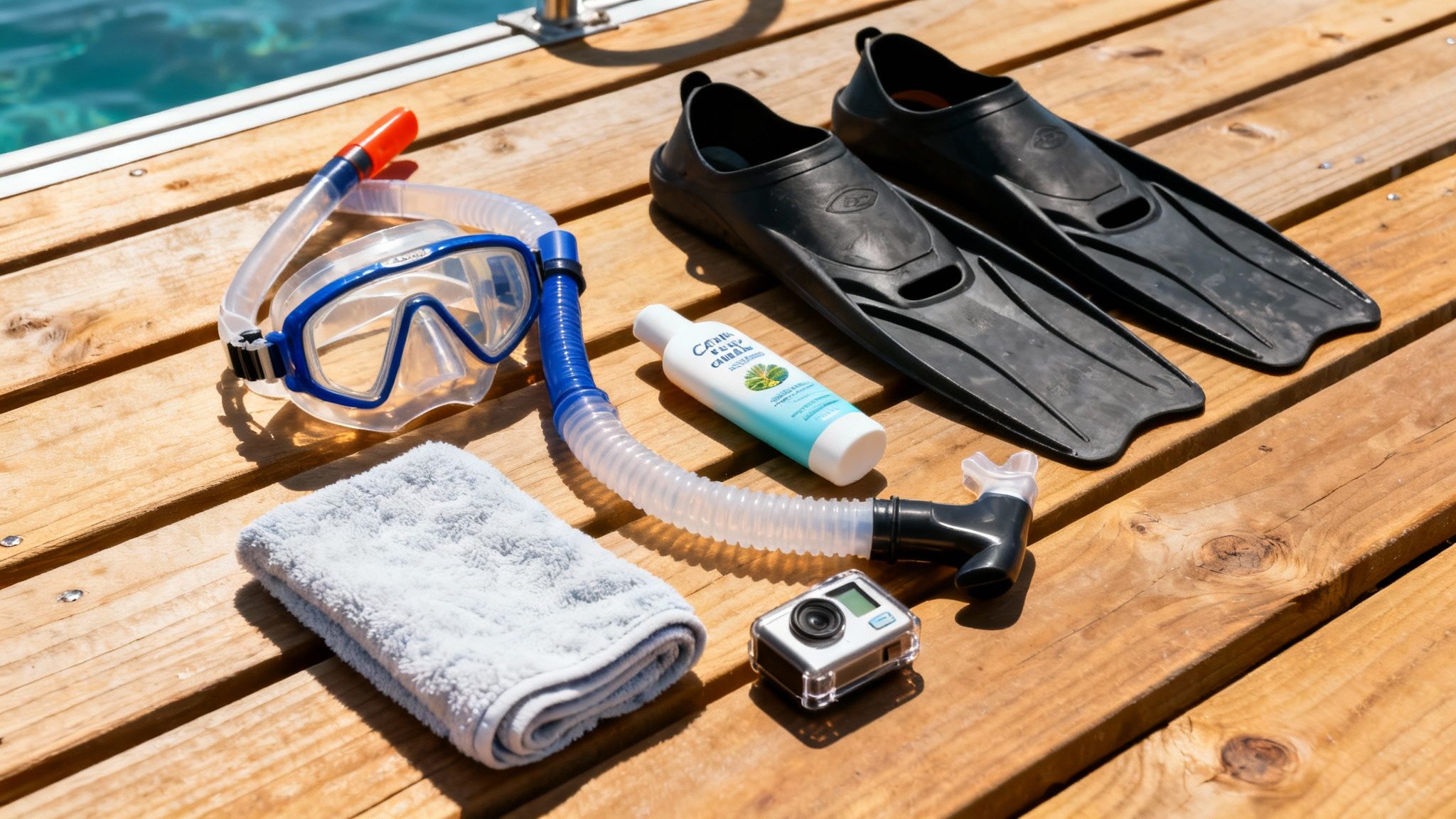 Snorkeling equipment including mask, snorkel, fins, towel, sunscreen, and camera on a wooden dock.