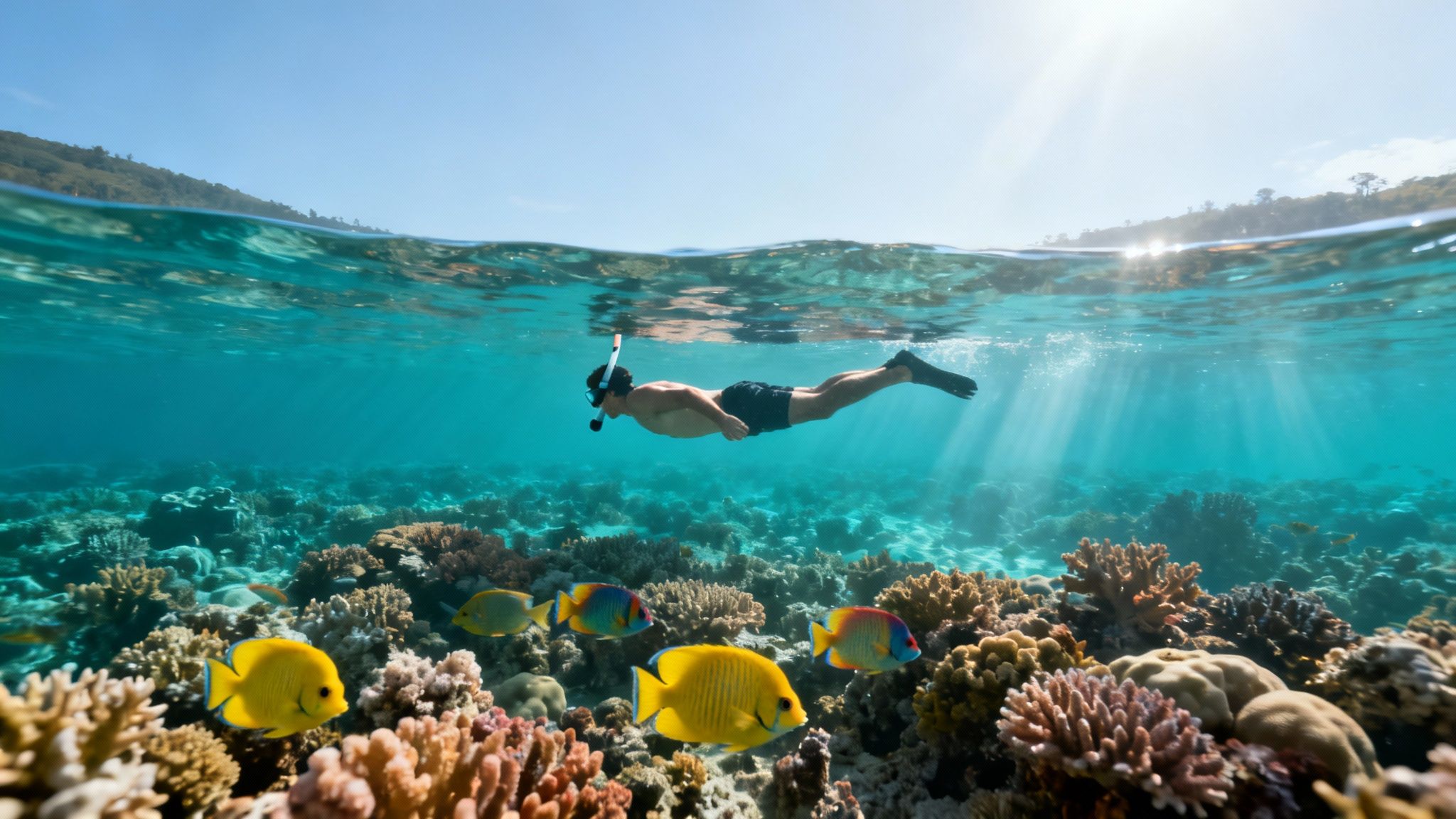 Split-level view of a man snorkeling above a colorful coral reef with bright tropical fish.