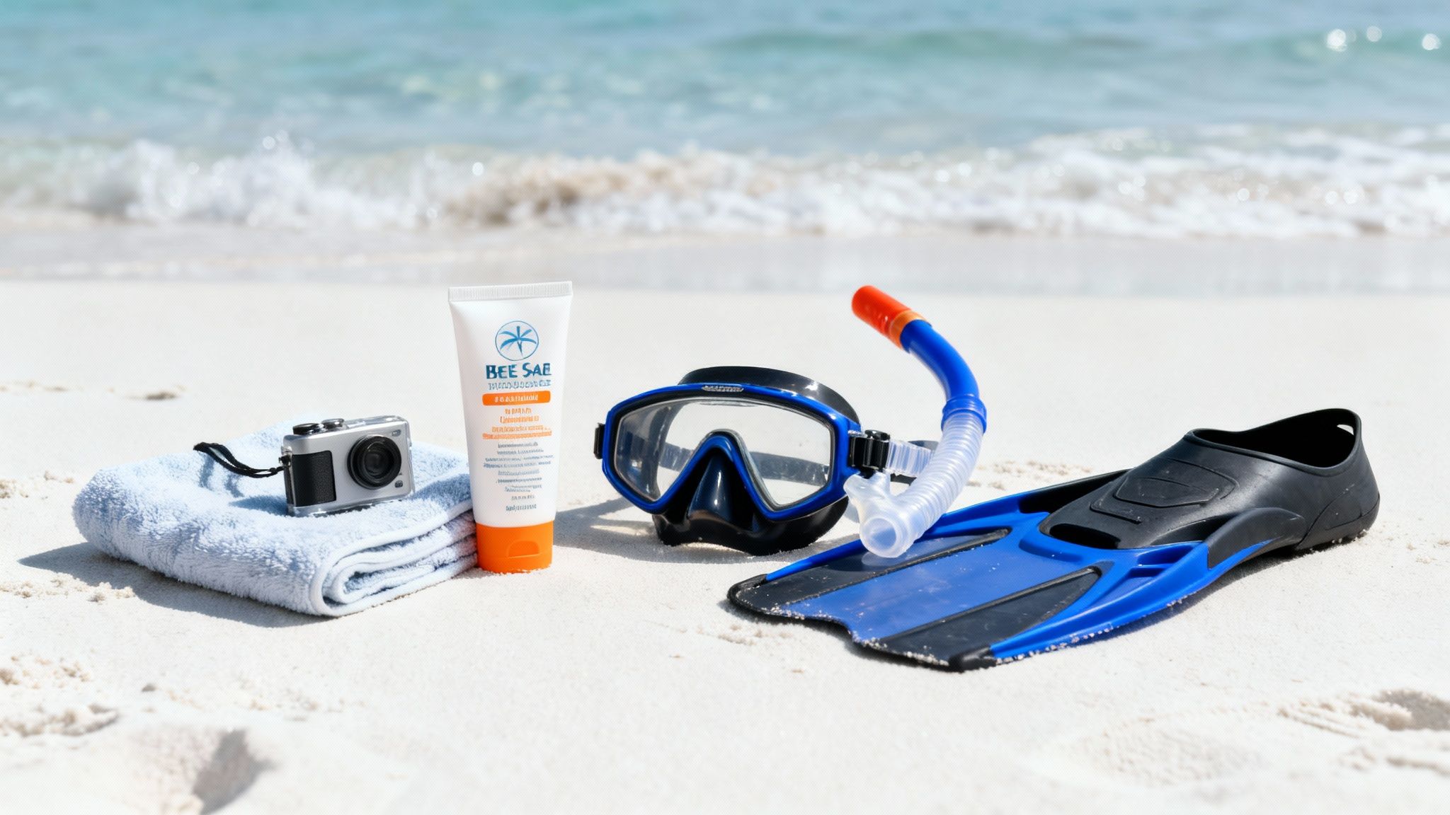 Snorkeling mask, fins, snorkel, sunscreen, camera, and towel on a white sandy beach by the ocean.