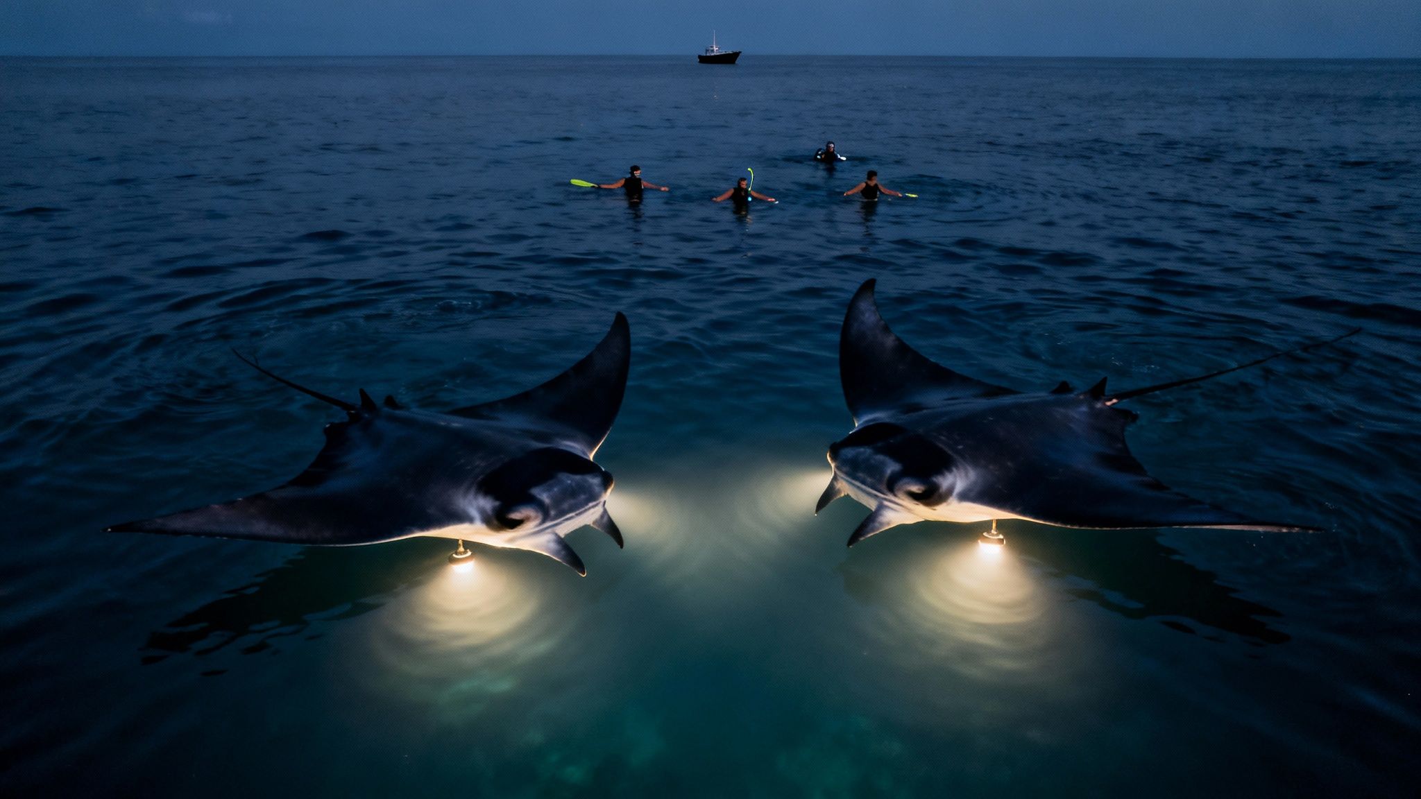 A large manta ray swimming gracefully at night in Kona, illuminated by lights from snorkelers above.