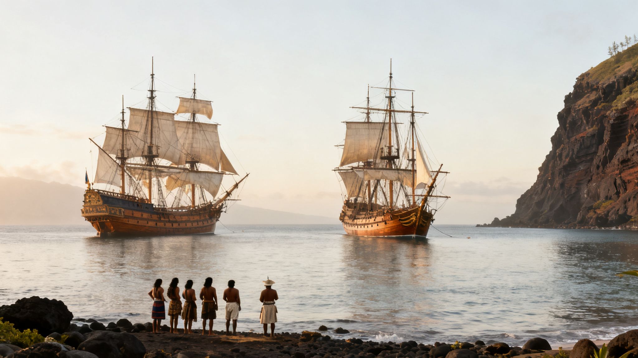 Indigenous people on a tropical beach observe two historic tall ships approaching a bay at sunrise.