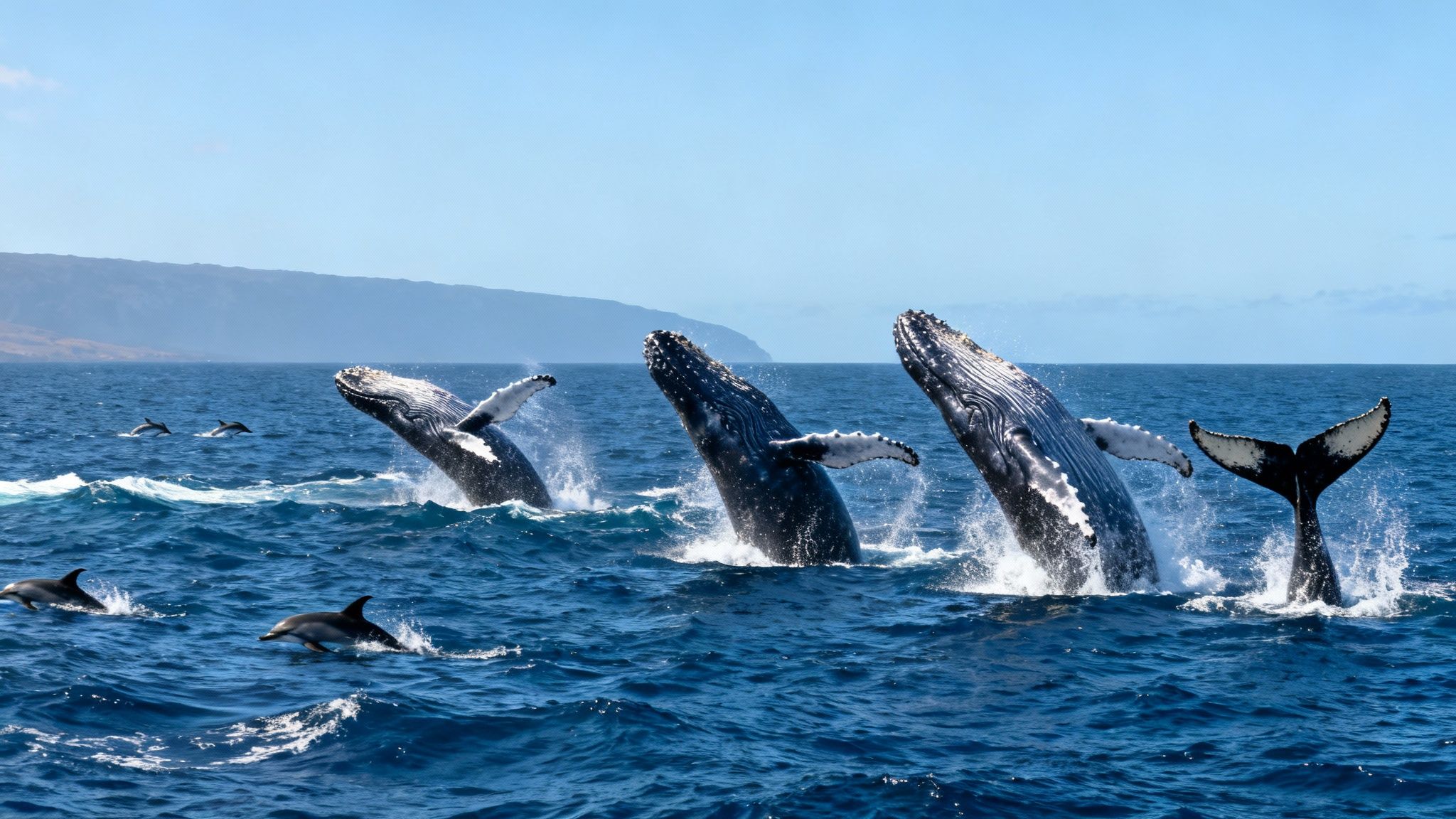 Multiple humpback whales breaching and dolphins swimming in blue ocean water under clear sky.