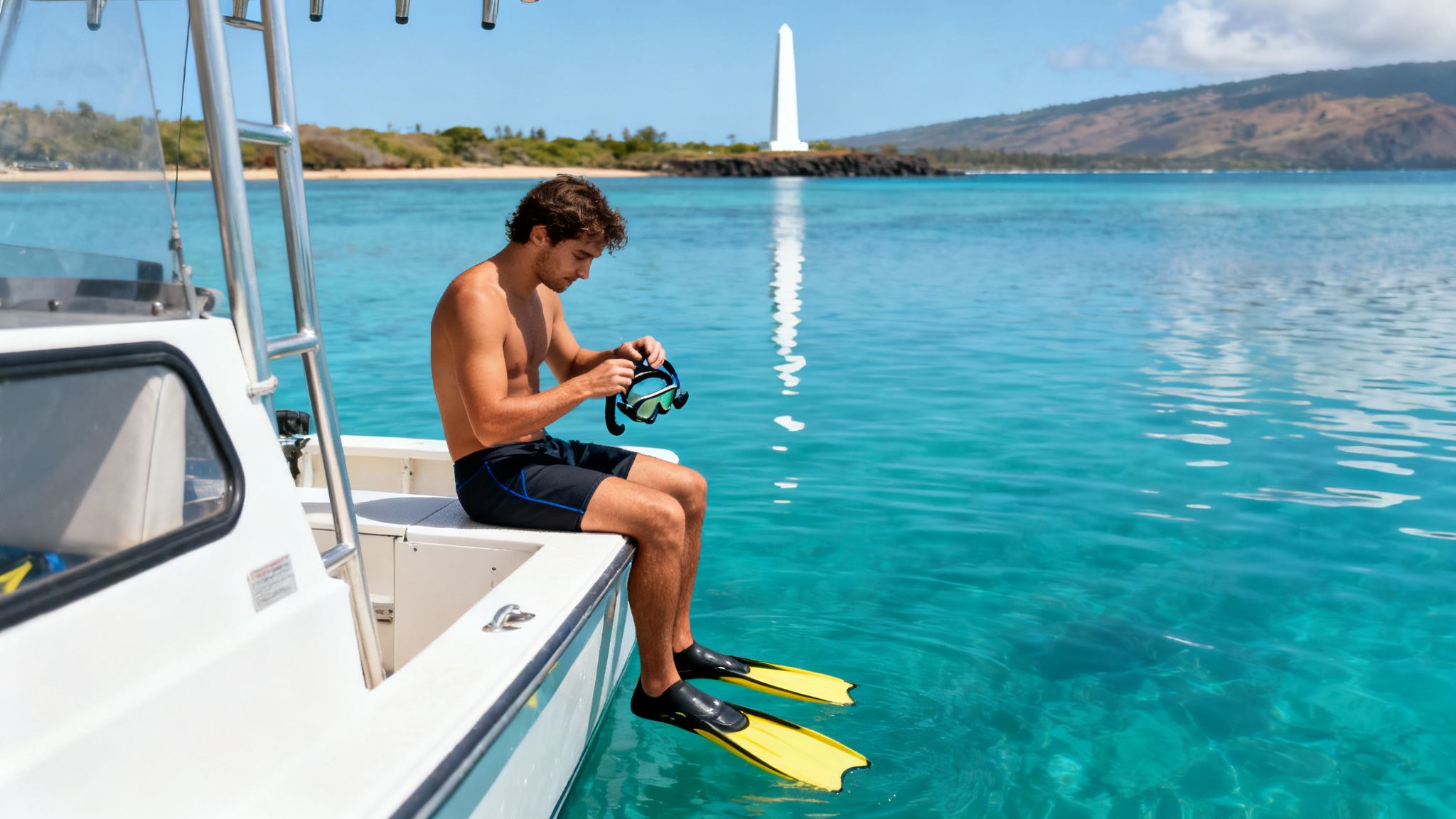 A man sits on a boat, preparing his snorkeling mask and fins in clear tropical water.