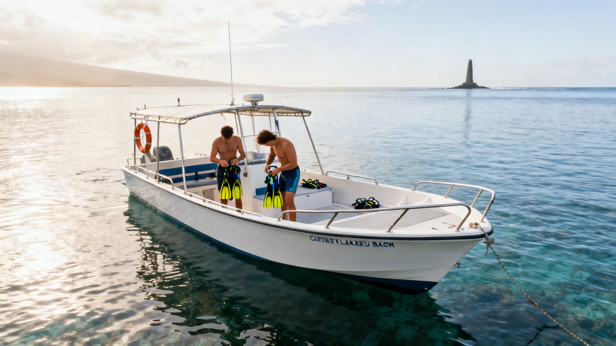 Two men on a white boat in clear tropical water preparing snorkeling gear with fins.