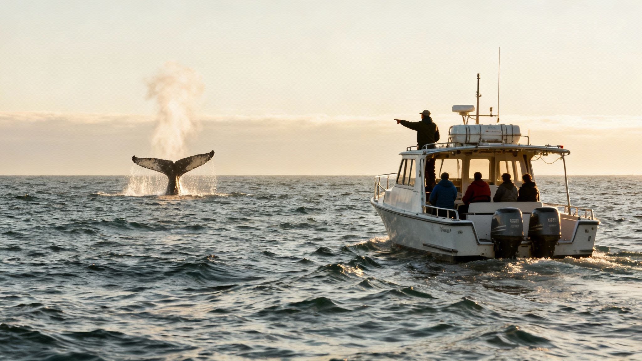A large whale's tail breaches the ocean creating a huge splash, watched by people on a boat.