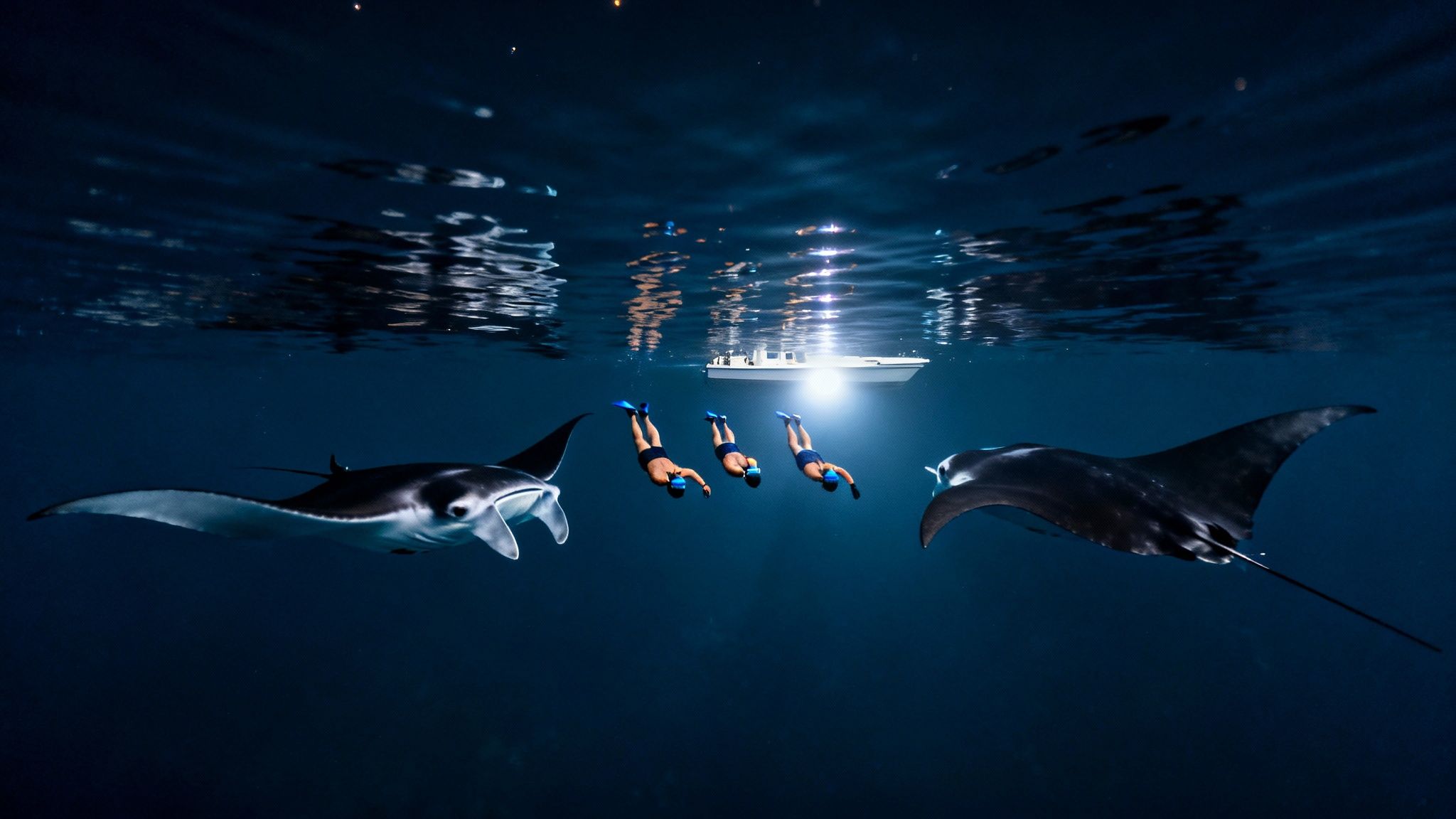 Three snorkelers with fins observe two large manta rays in dark ocean water at night, lit by a boat.