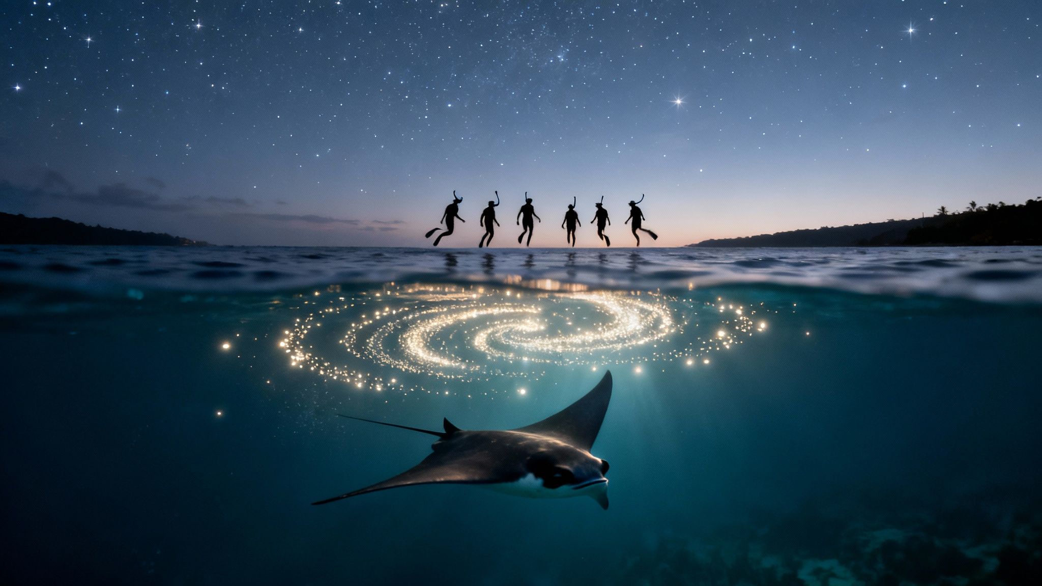 Seven snorkelers silhouette against a starry night sky, while a manta ray swims below glowing spiral lights.