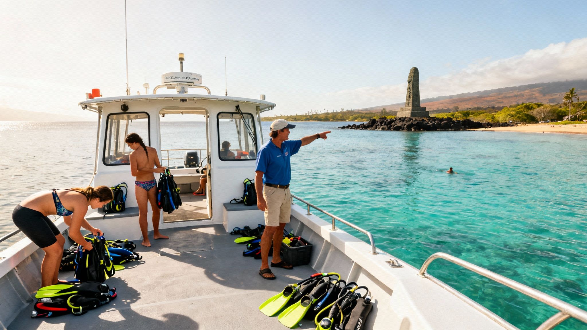 People on a boat preparing for snorkeling near Captain Cook Monument in Hawaii.