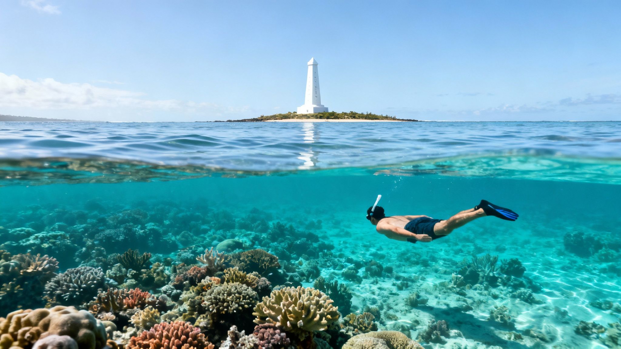 Split image of a snorkeler discovering a coral reef below and a remote lighthouse island above calm waters.