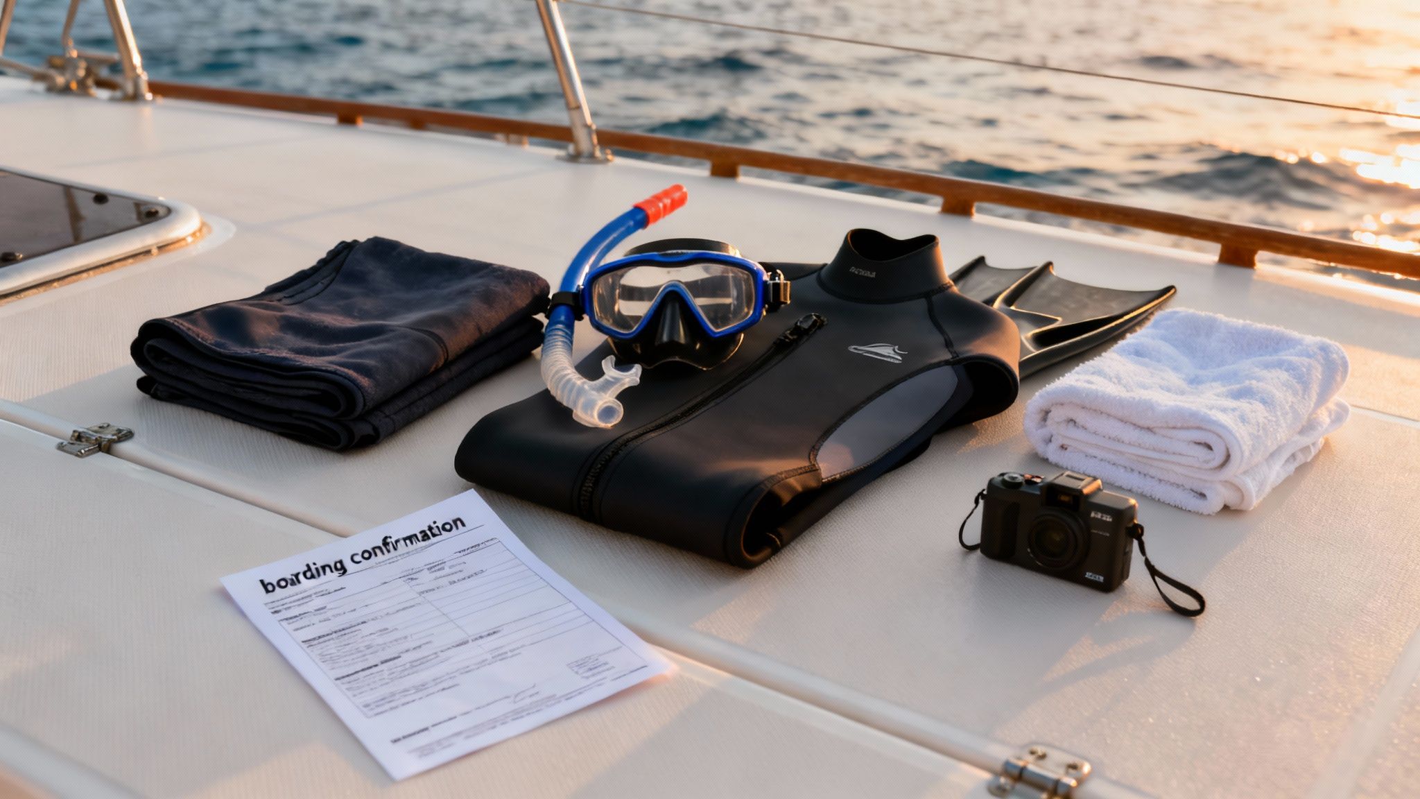 Snorkeling gear, wetsuit, camera, and boarding confirmation laid out on a boat deck at sunset, ready for a marine adventure.