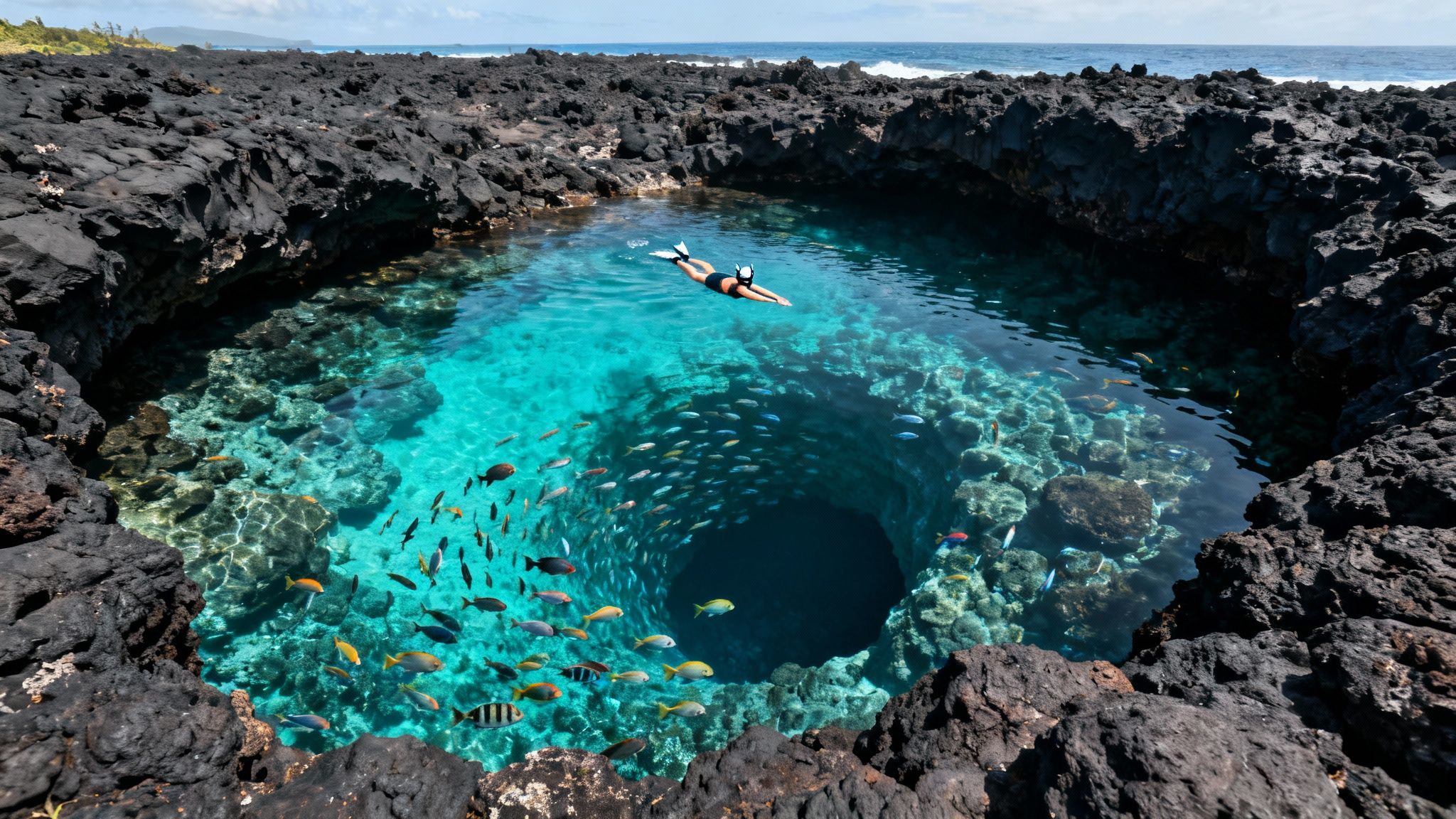 A person snorkeling in a vibrant blue natural pool surrounded by black lava rock, with colorful fish swimming towards a deep hole.