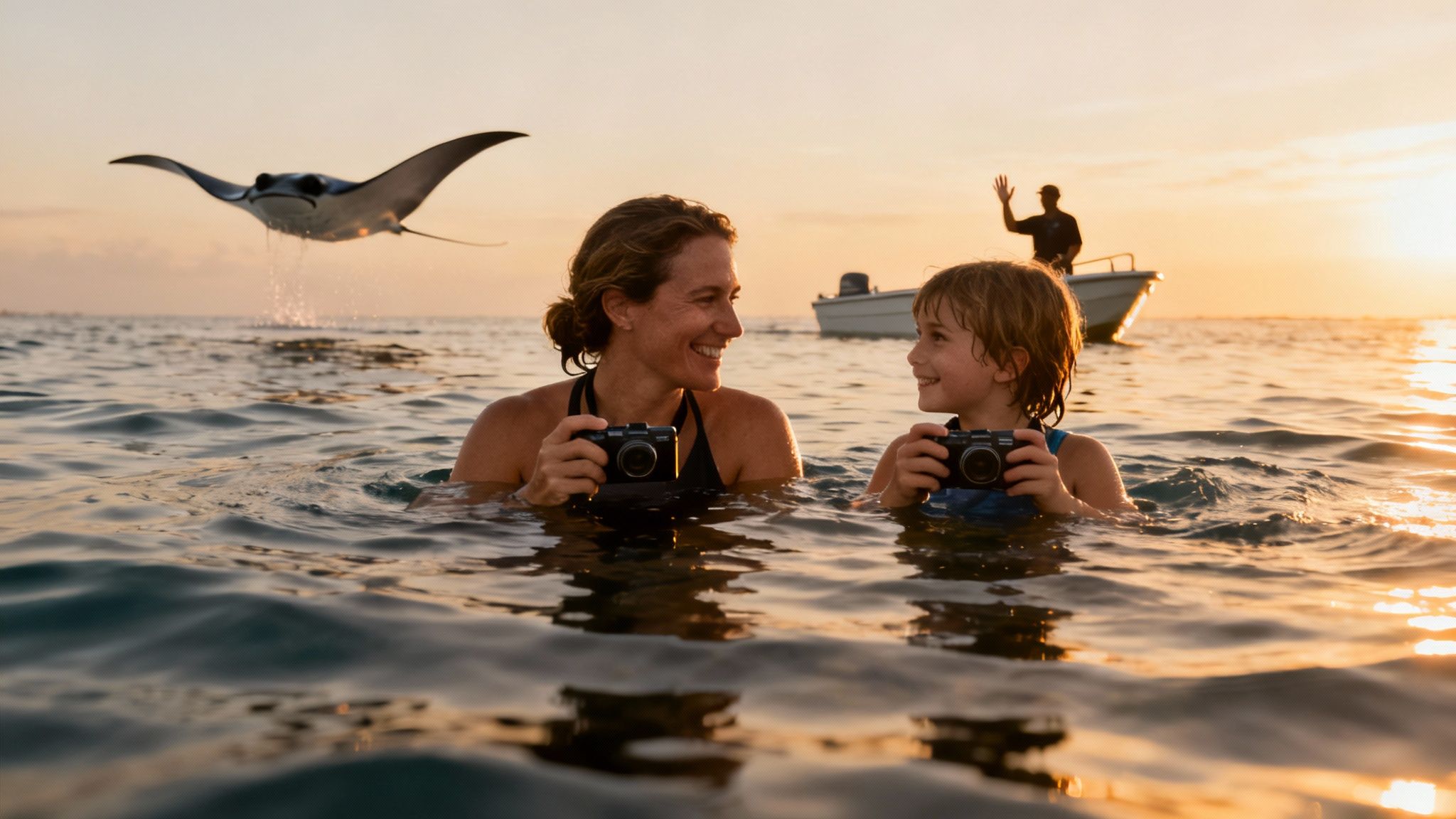 A woman and child in the ocean with cameras, smiling, while a manta ray leaps behind them at sunset.
