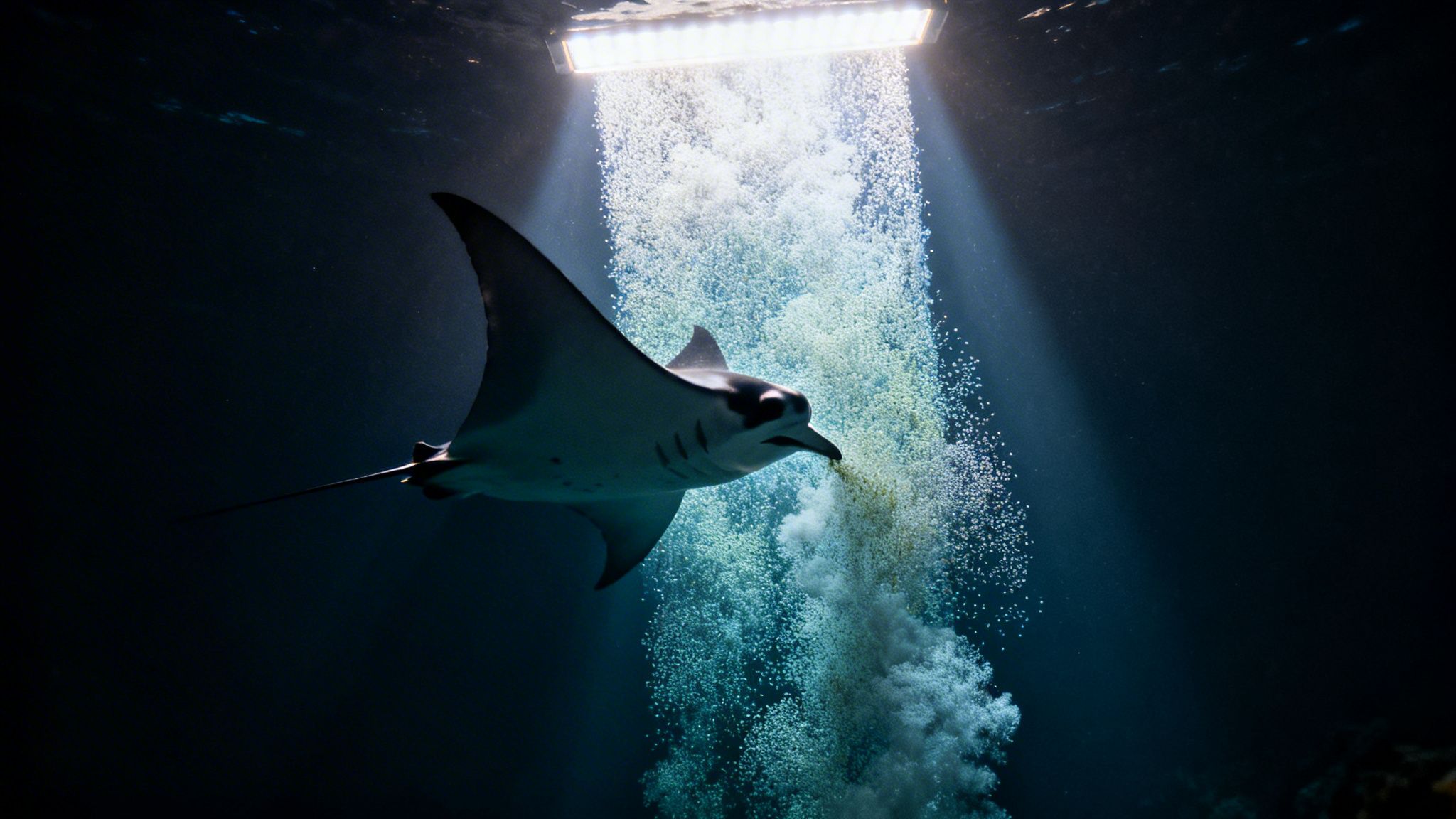 A majestic manta ray glides through dark ocean waters amidst a cascade of illuminated bubbles.