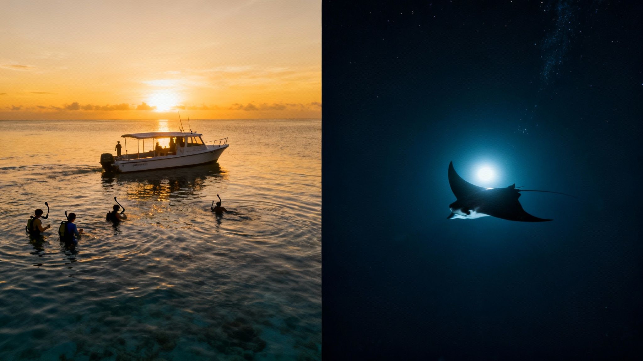 People snorkel near a boat at sunset, while a majestic manta ray glides through illuminated dark ocean waters.