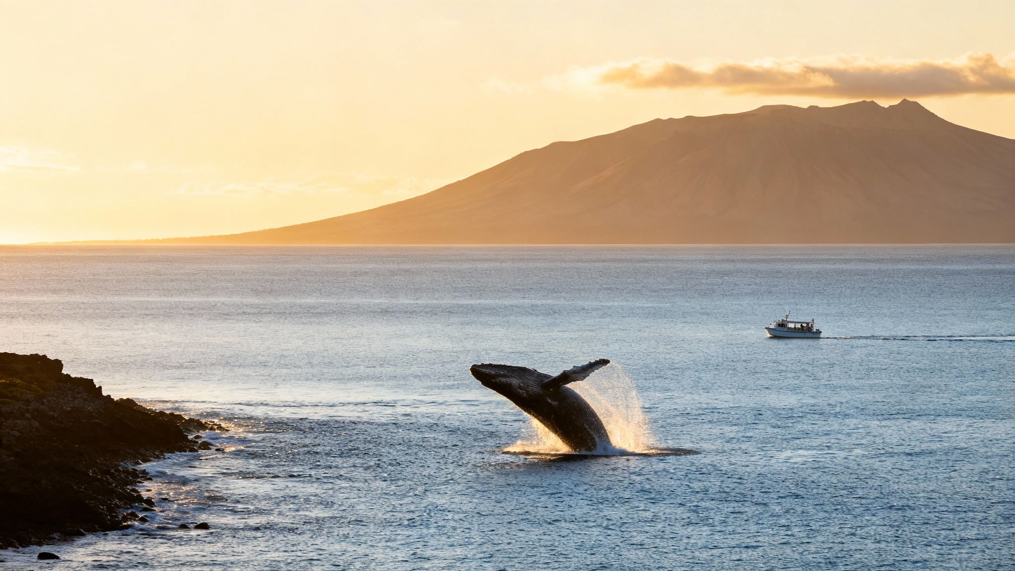 A humpback whale breaches high out of the golden ocean with a mountain and boat at sunset.