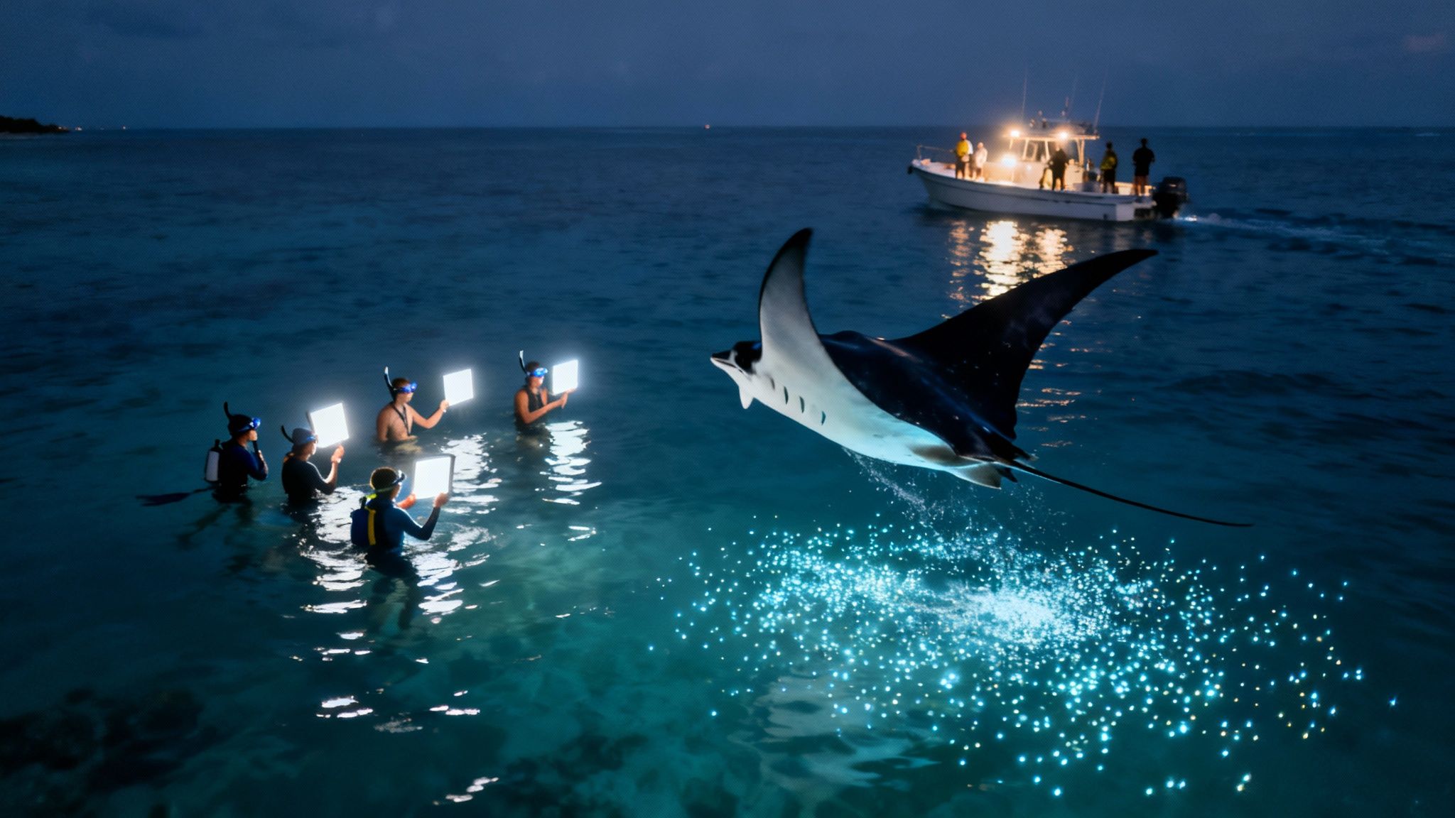 A manta ray glides gracefully just below the water&#39;s surface at night, with snorkelers&#39; lights illuminating the scene.