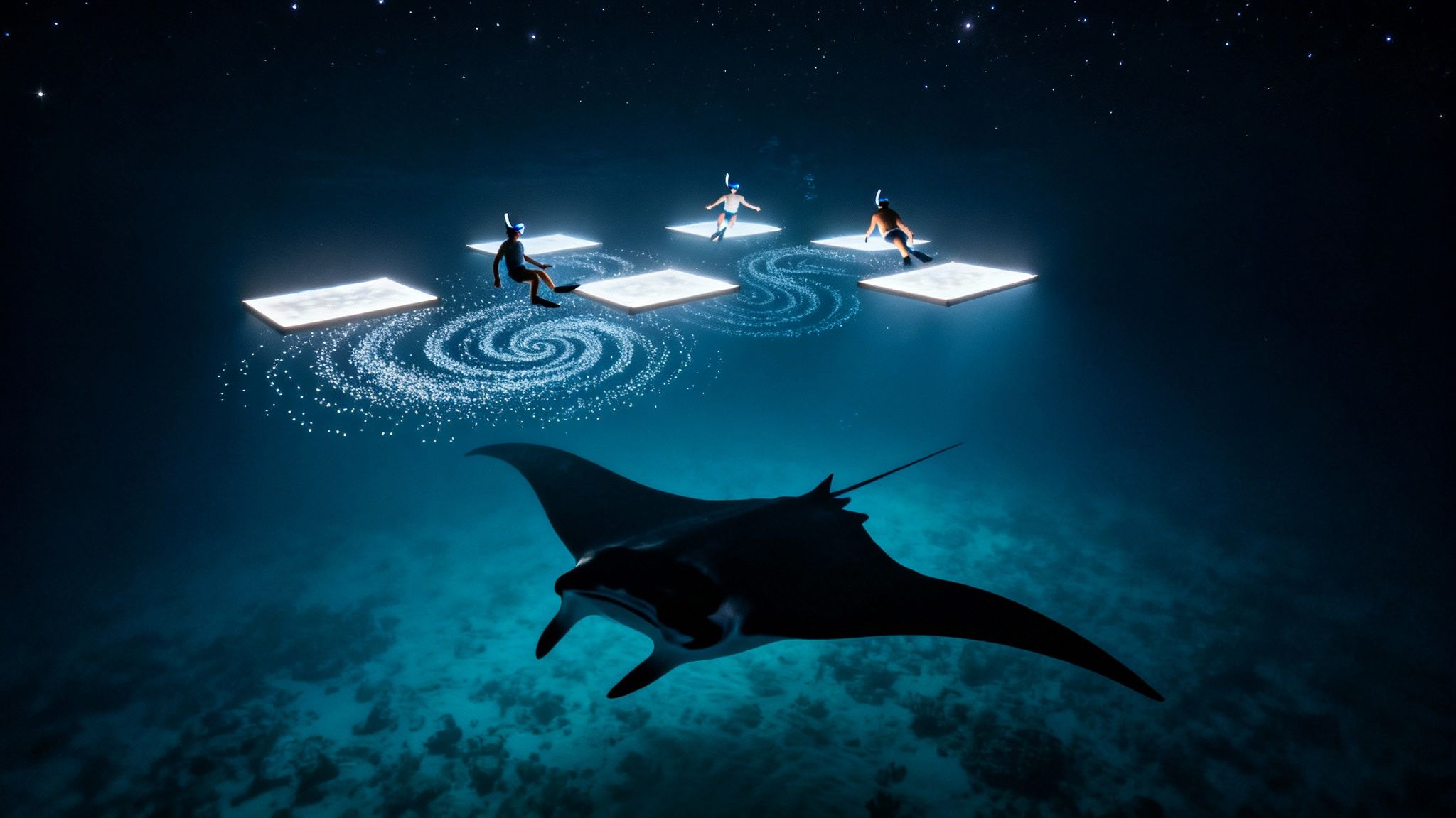 Three snorkelers float on illuminated platforms with a majestic manta ray swimming below at night.