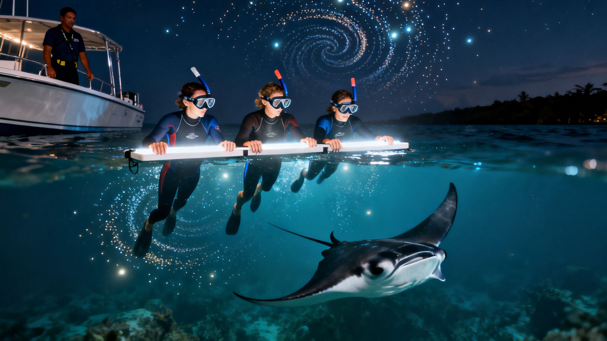 Three snorkelers with a lit board observe a manta ray at night under a starry, glowing sky near a boat.