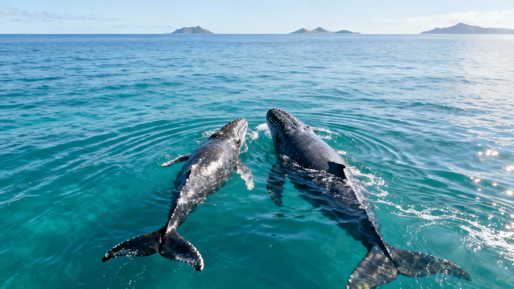 Two humpback whales swimming together in clear turquoise ocean waters near Hawaiian islands