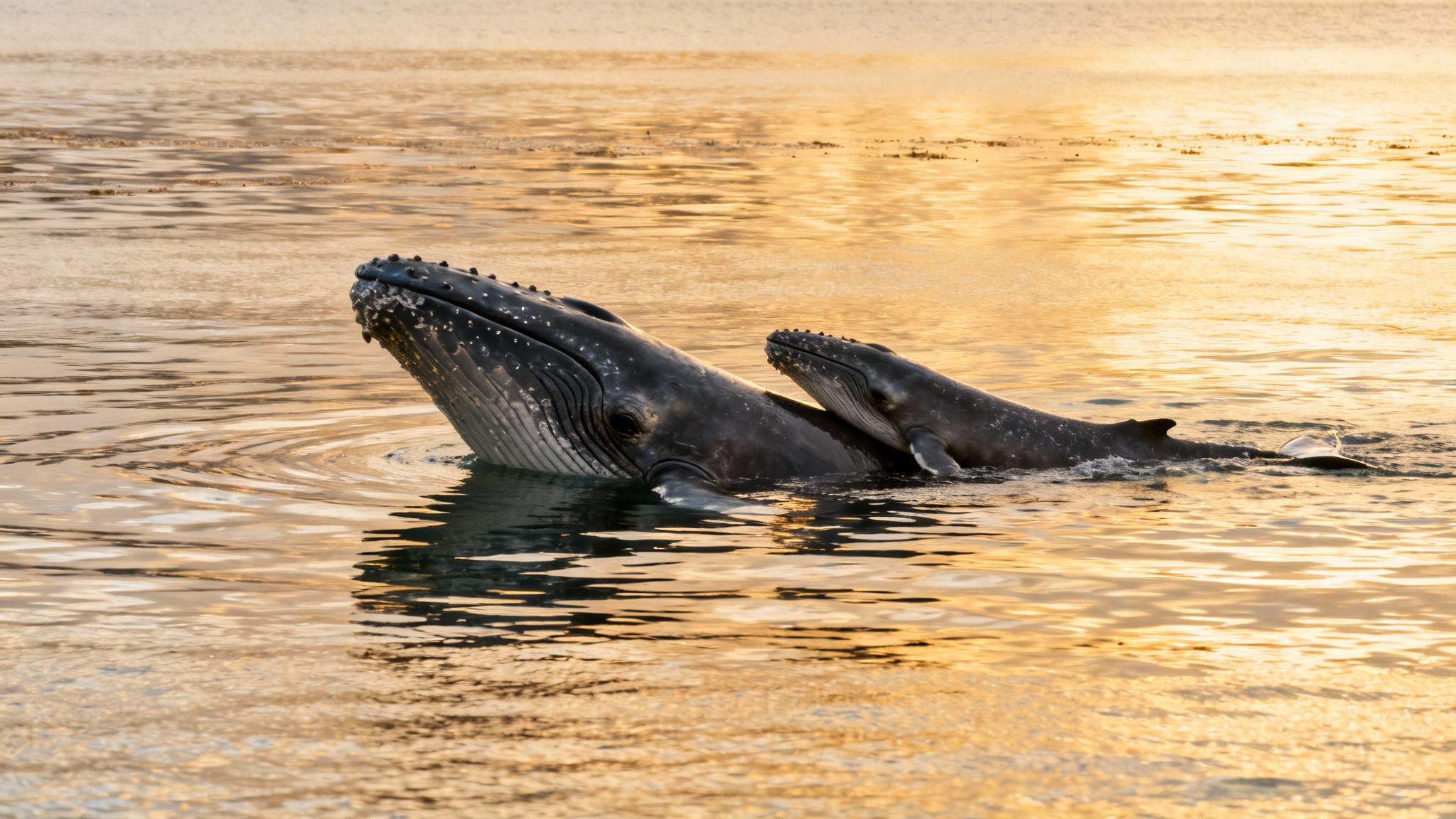 A majestic mother humpback whale and her calf surface together in glowing golden water at sunset.