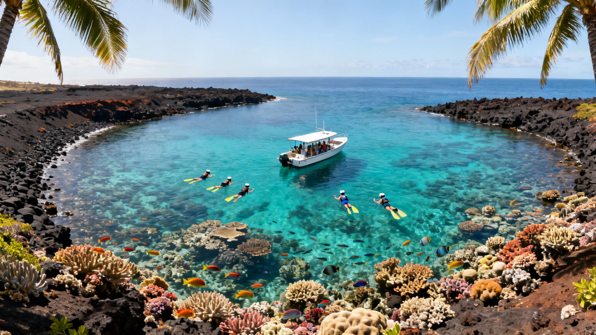 Snorkelers explore vibrant coral reefs in a tropical bay with clear blue water, a boat, and black volcanic shores.
