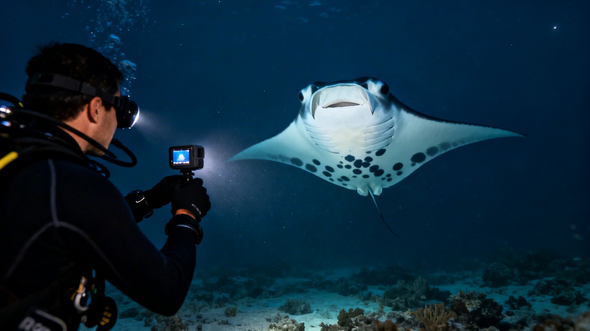 A diver shines a light and films a majestic manta ray swimming gracefully underwater.