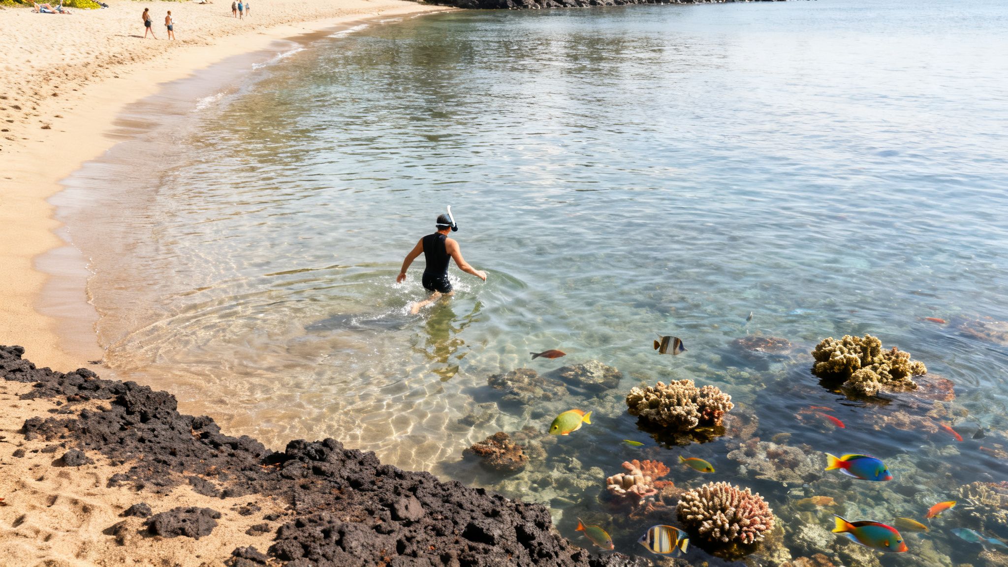 A person in snorkeling gear walks into the clear ocean water with colorful fish and coral reefs visible.