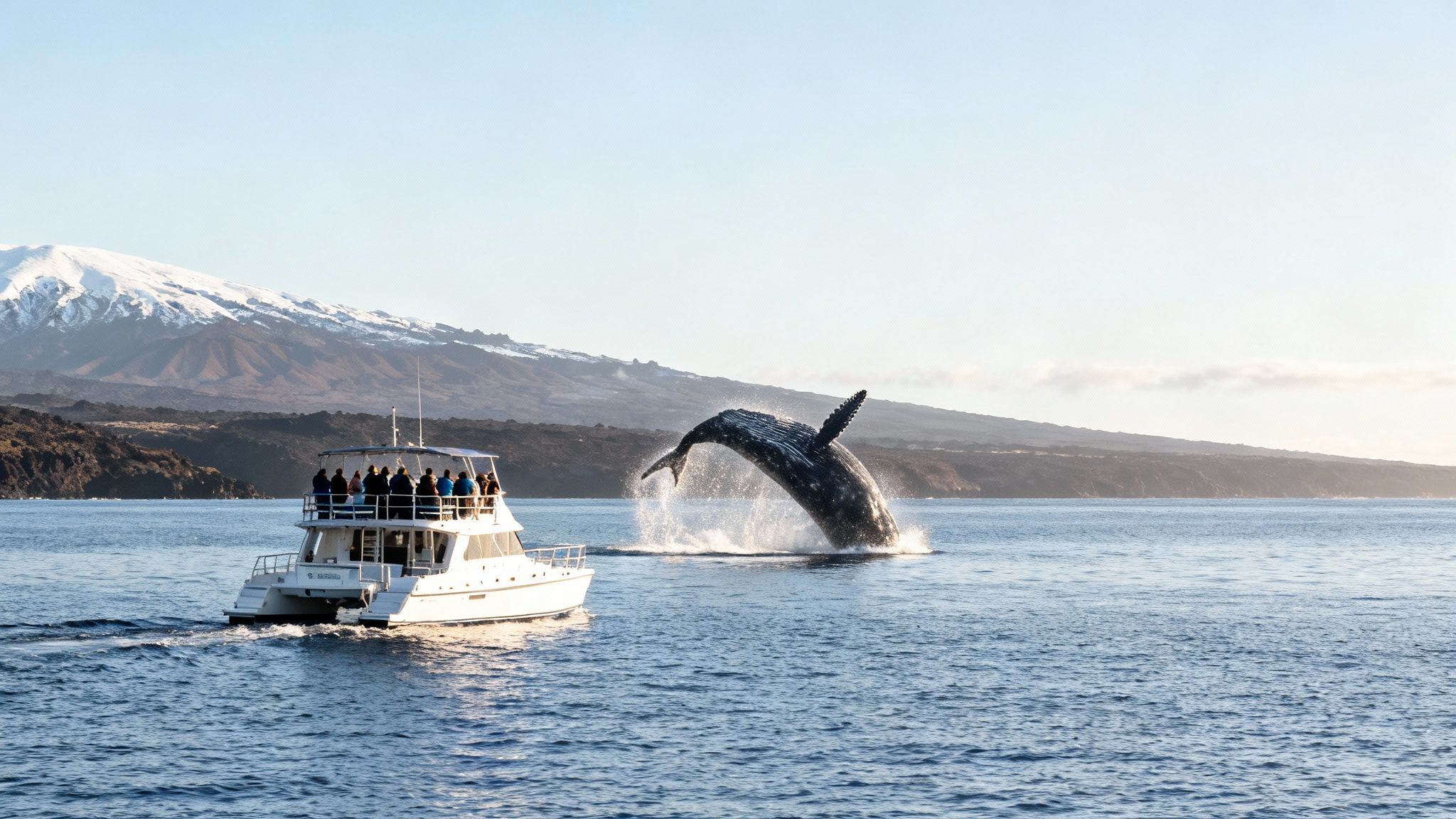 Humpback whale breaching near tour boat with snow-capped mountain backdrop in Hawaii