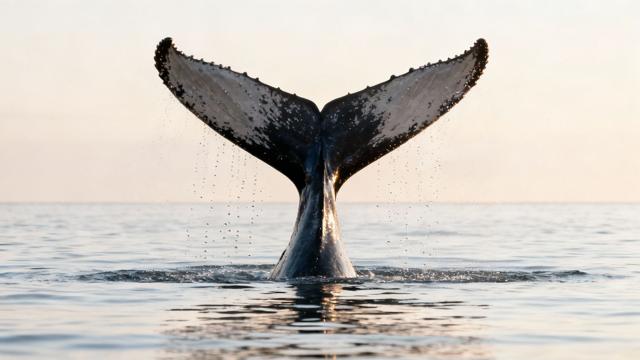 A majestic humpback whale's tail breaches the calm ocean surface at sunset, water glistening.