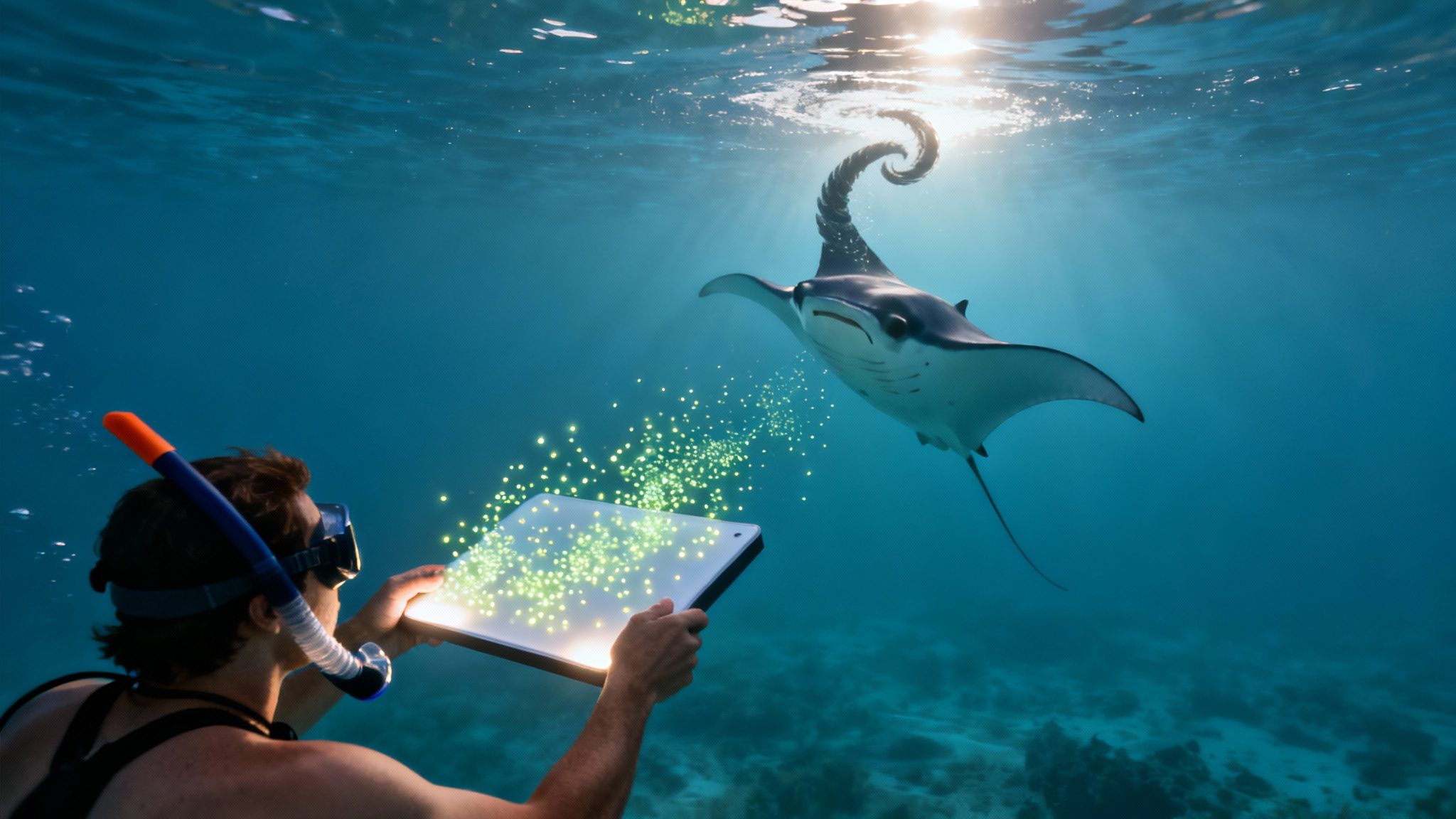 A snorkeler underwater holds a glowing tablet interacting with a manta ray, sun rays piercing the water.