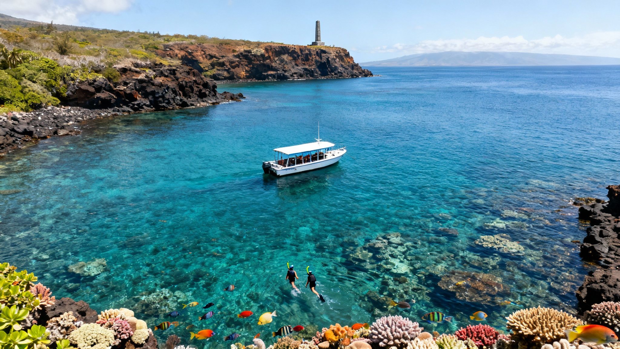 Aerial view of a boat and snorkelers in clear blue Hawaiian waters with vibrant coral and distant island.