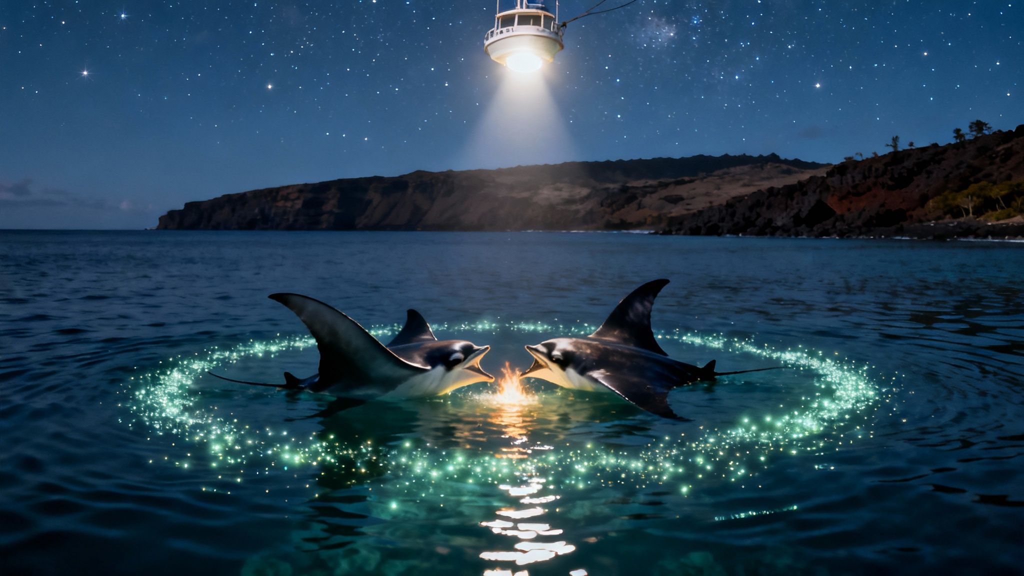 Two manta rays swimming gracefully in the dark waters of Kona