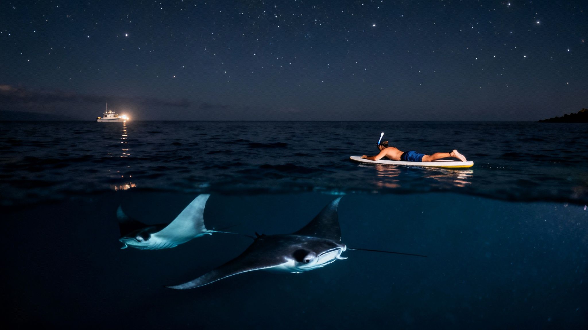 A split-level night shot of a person snorkeling with two manta rays under a starry sky.