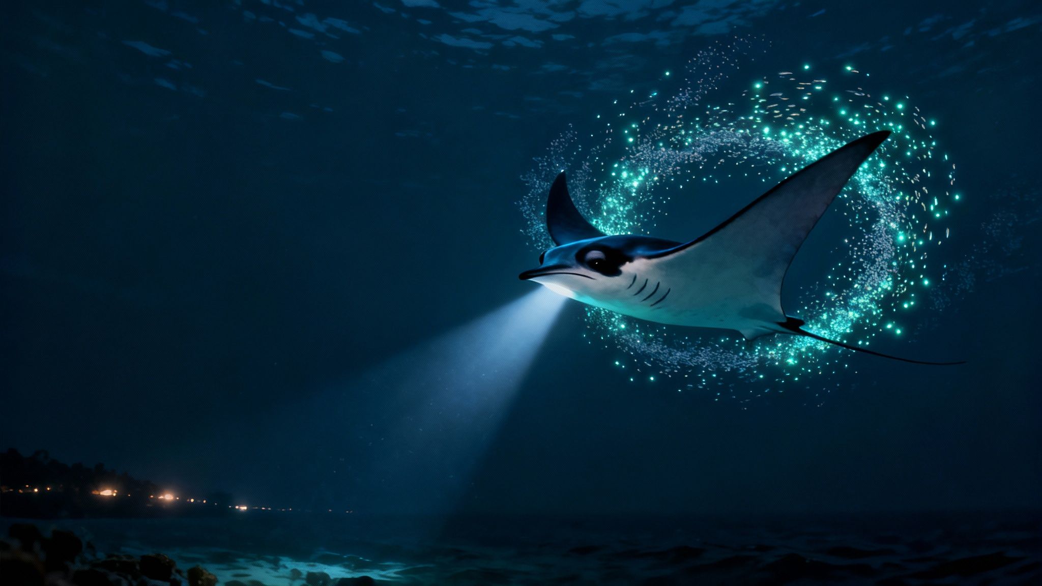 A majestic manta ray swims underwater at night, illuminated by its own light and surrounded by glowing plankton.