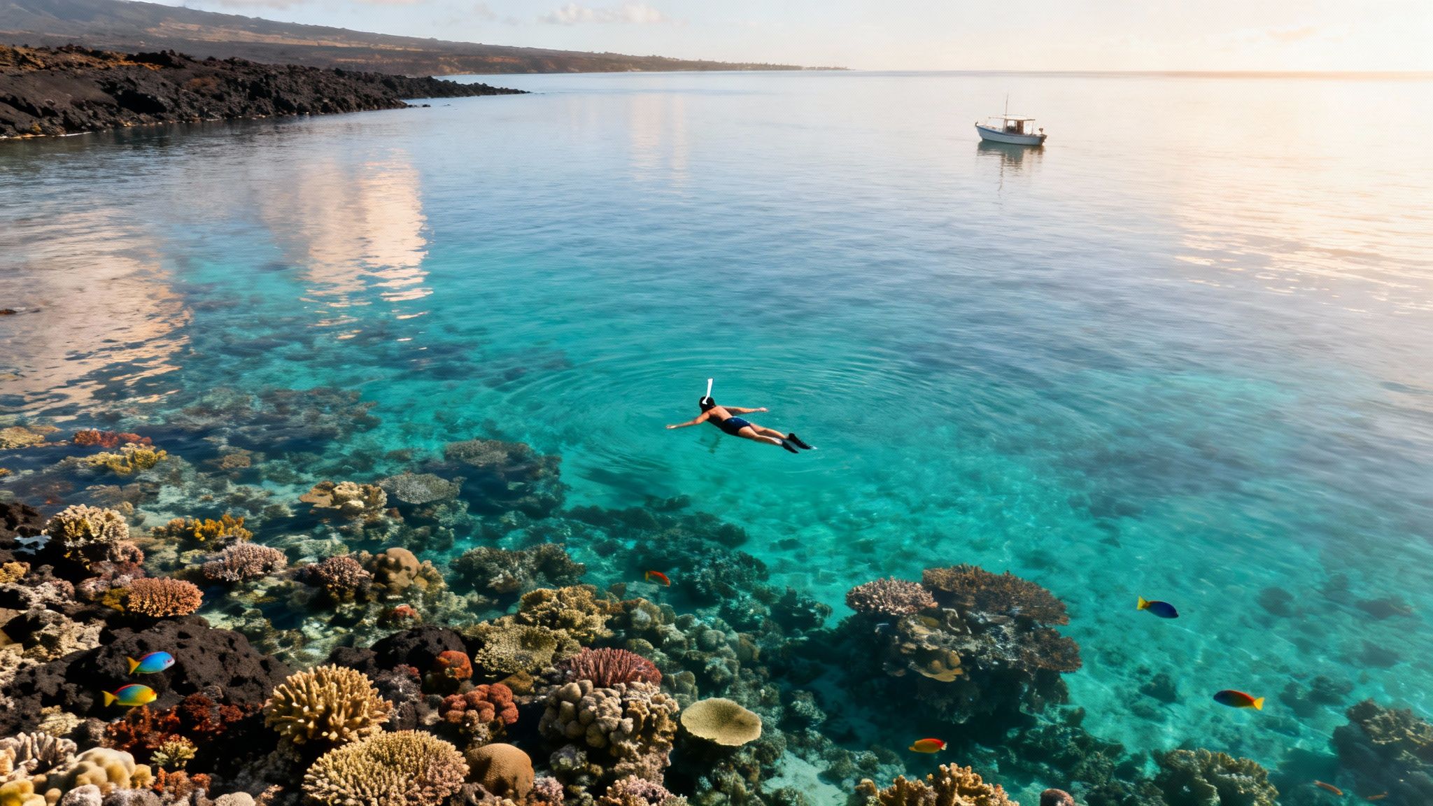 An aerial view of a snorkeler exploring a beautiful coral reef near a volcanic coastline.