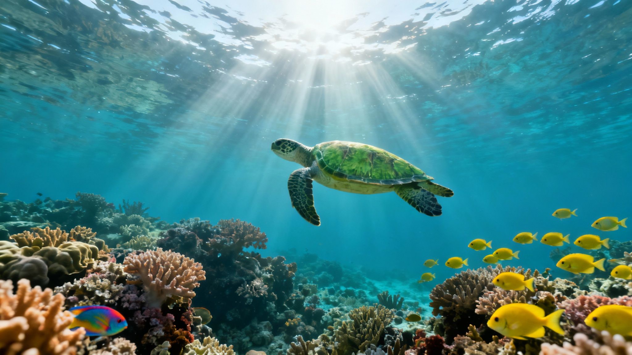 A majestic green sea turtle gracefully swims above a vibrant coral reef teeming with yellow fish, bathed in sun rays.