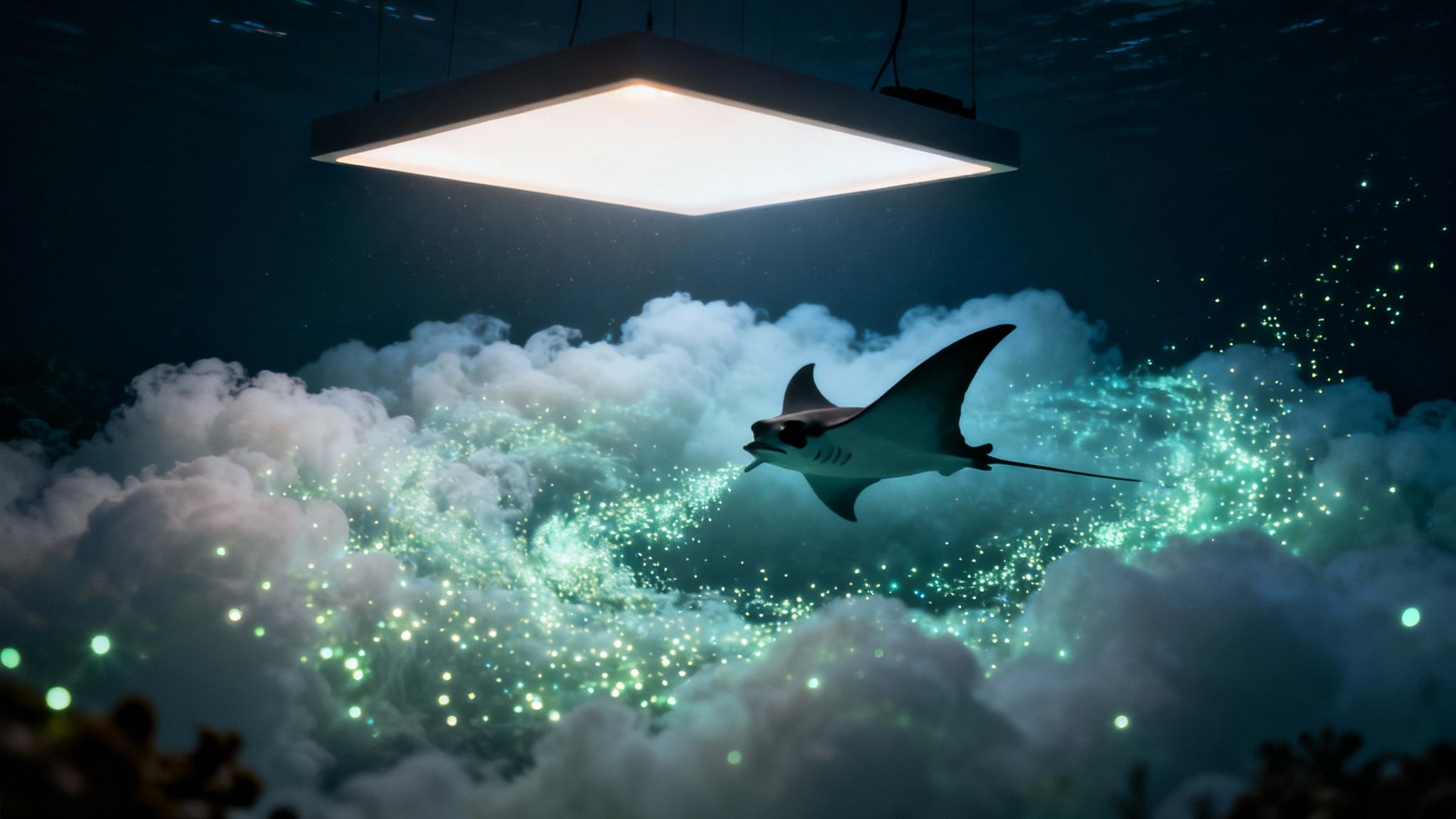 A majestic manta ray swims through glowing green particles and ethereal clouds under a bright light.