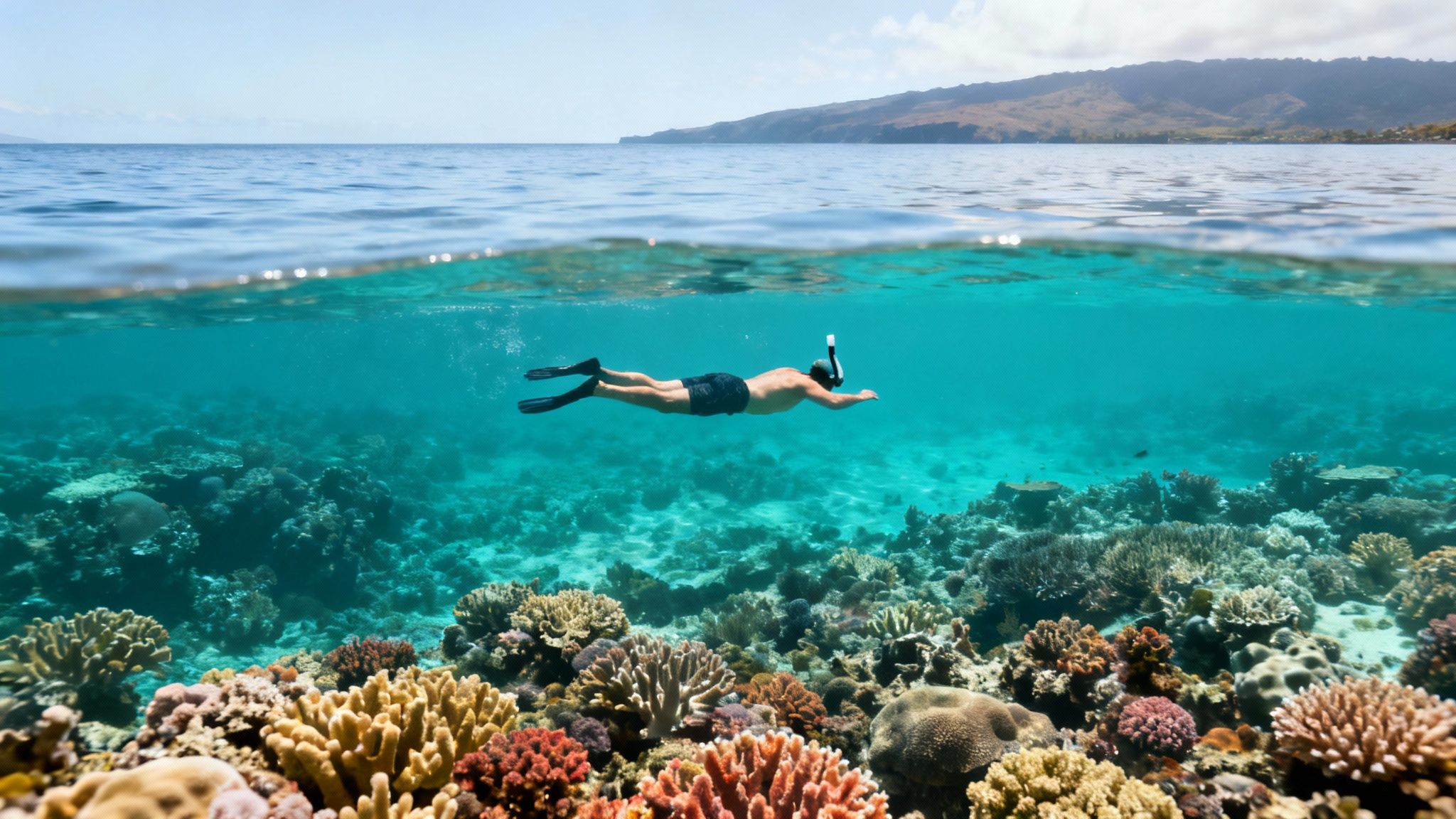 A man snorkeling in turquoise water above a vibrant coral reef, with an island in the distance.