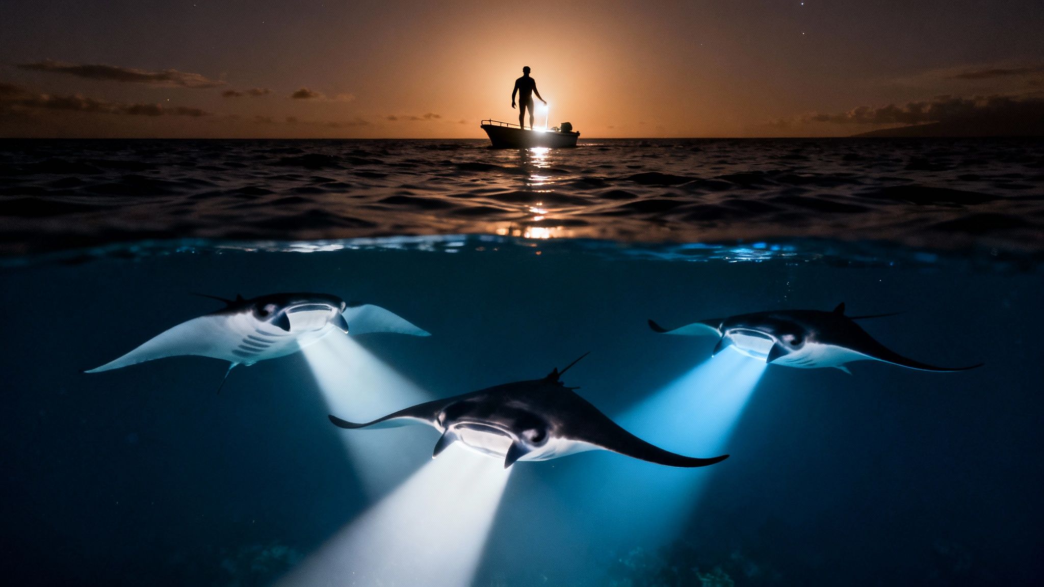 Over-under image of three manta rays illuminated underwater at night, with a person on a boat.