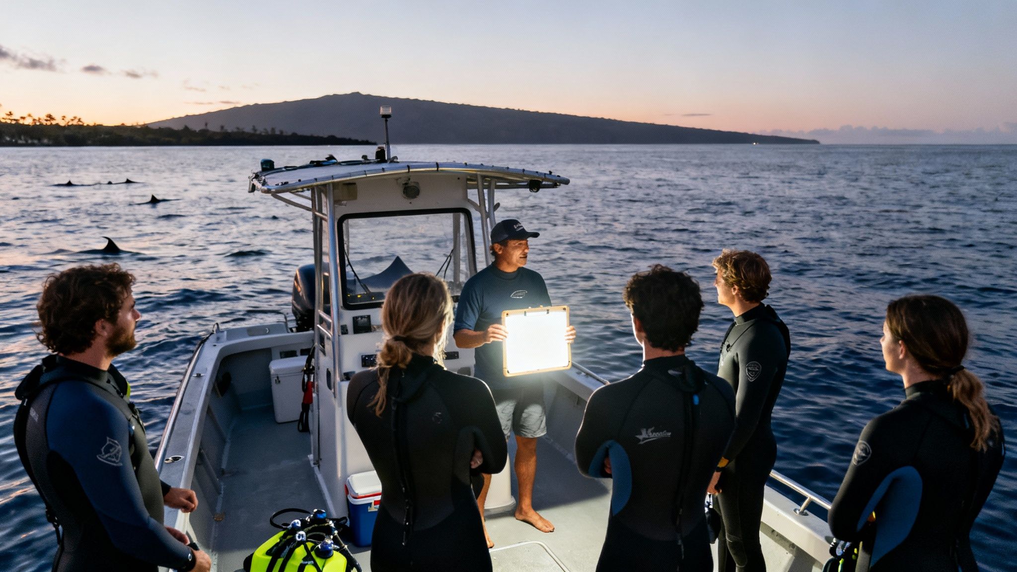 A guide briefs snorkelers on a boat at sunset, holding a light board, with dolphins visible.